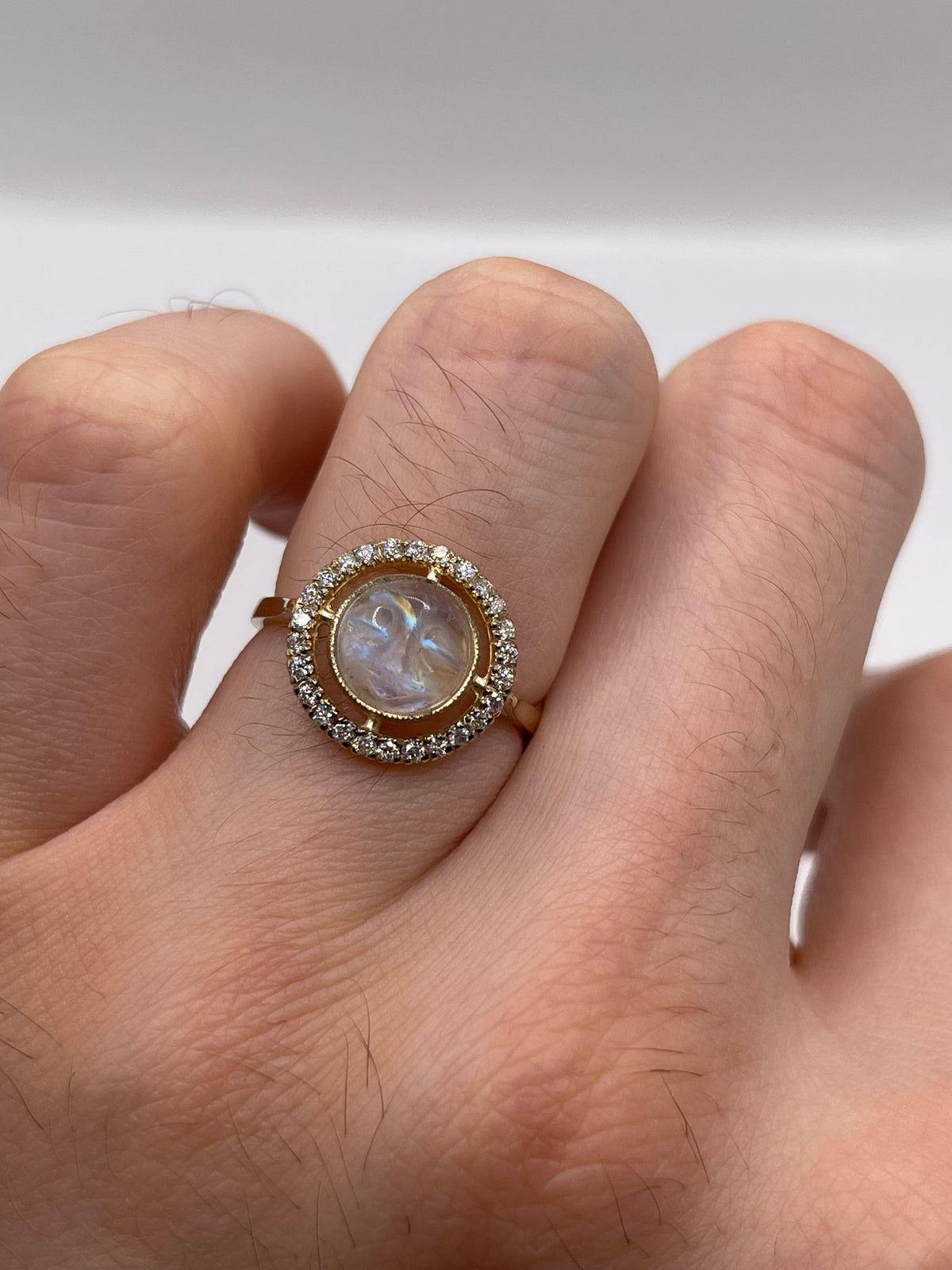 9ct gold moonstone man in the moon and diamond ring