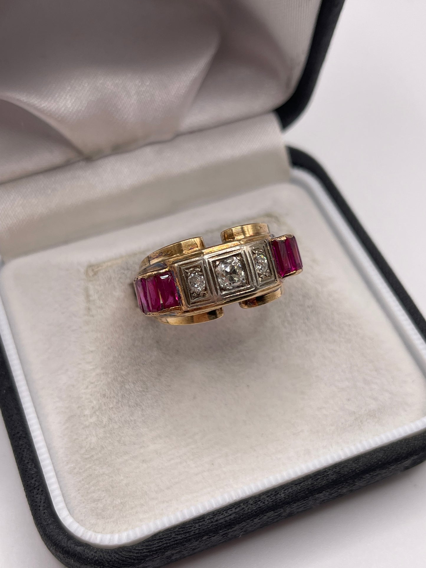 14ct gold synthetic ruby and diamond tank ring