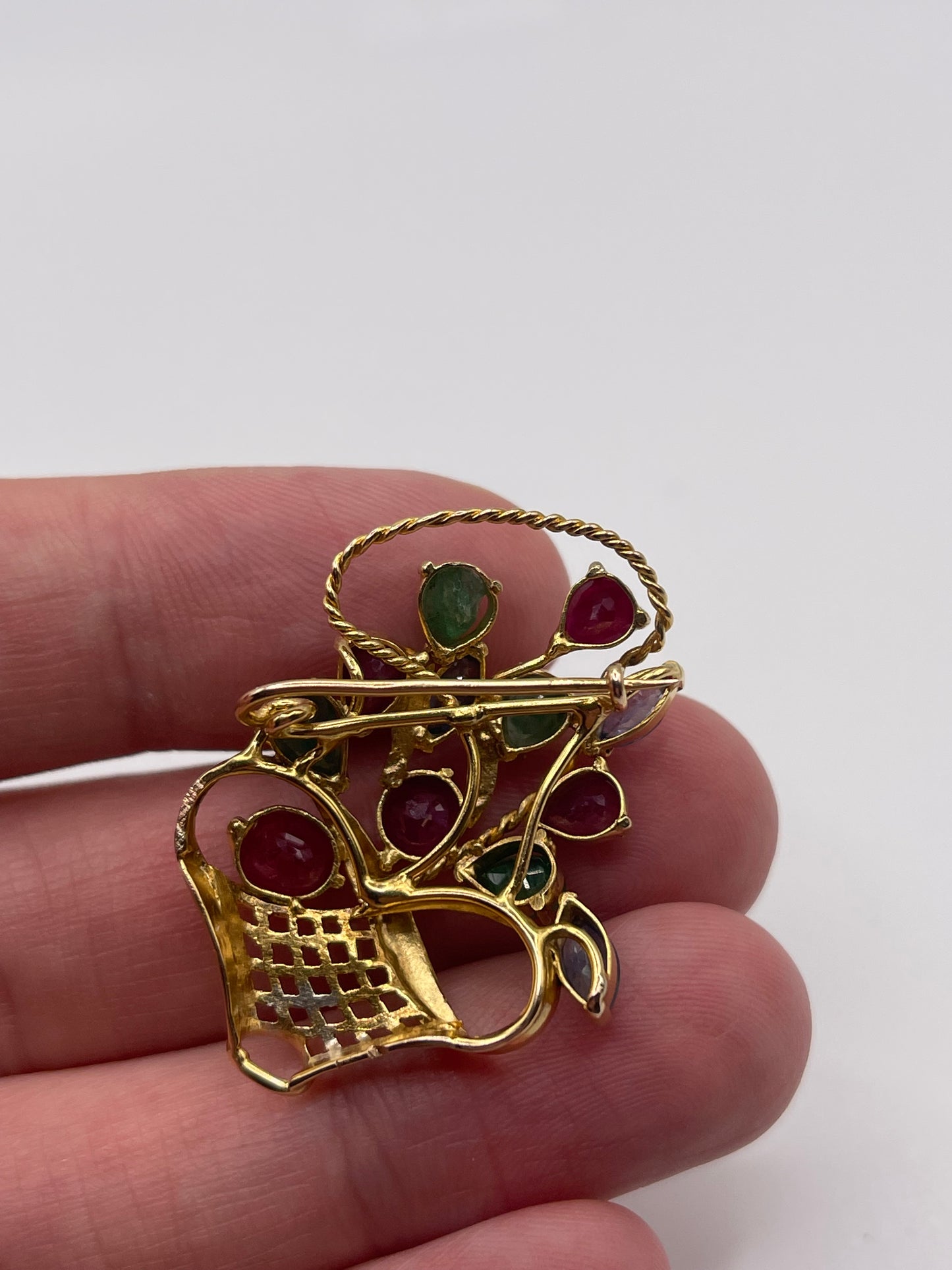 9ct gold ruby, emerald and sapphire brooch