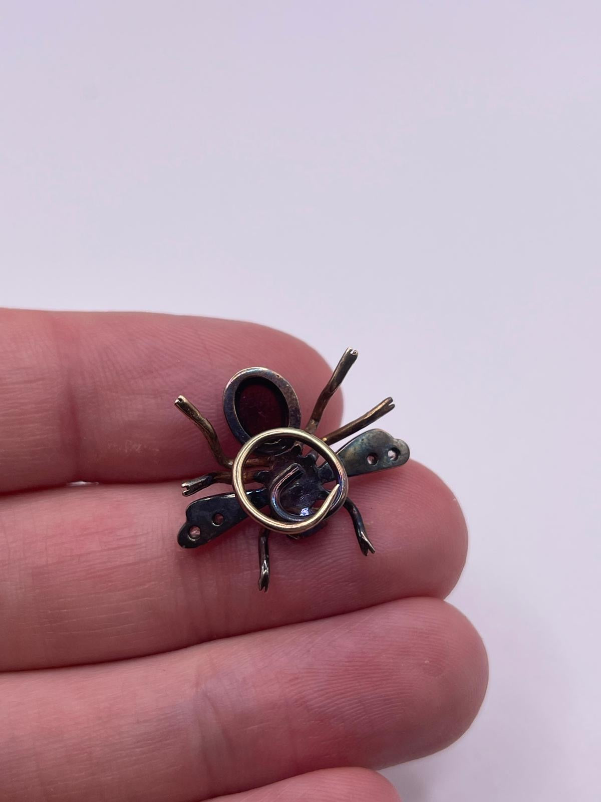 9ct gold and silver diamond, garnet & pearl insect brooch