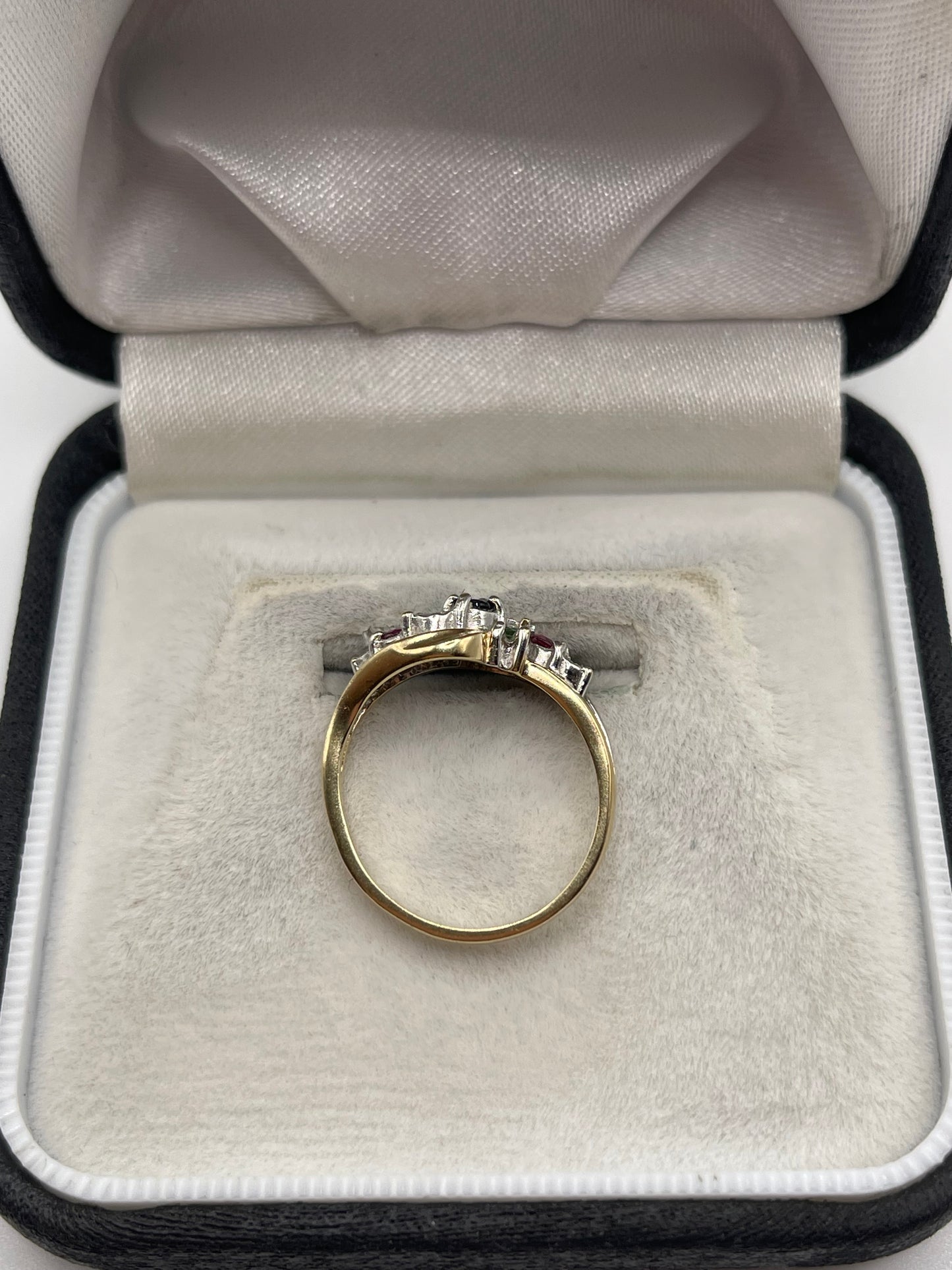 9ct gold ruby, sapphire, emerald and diamond ring
