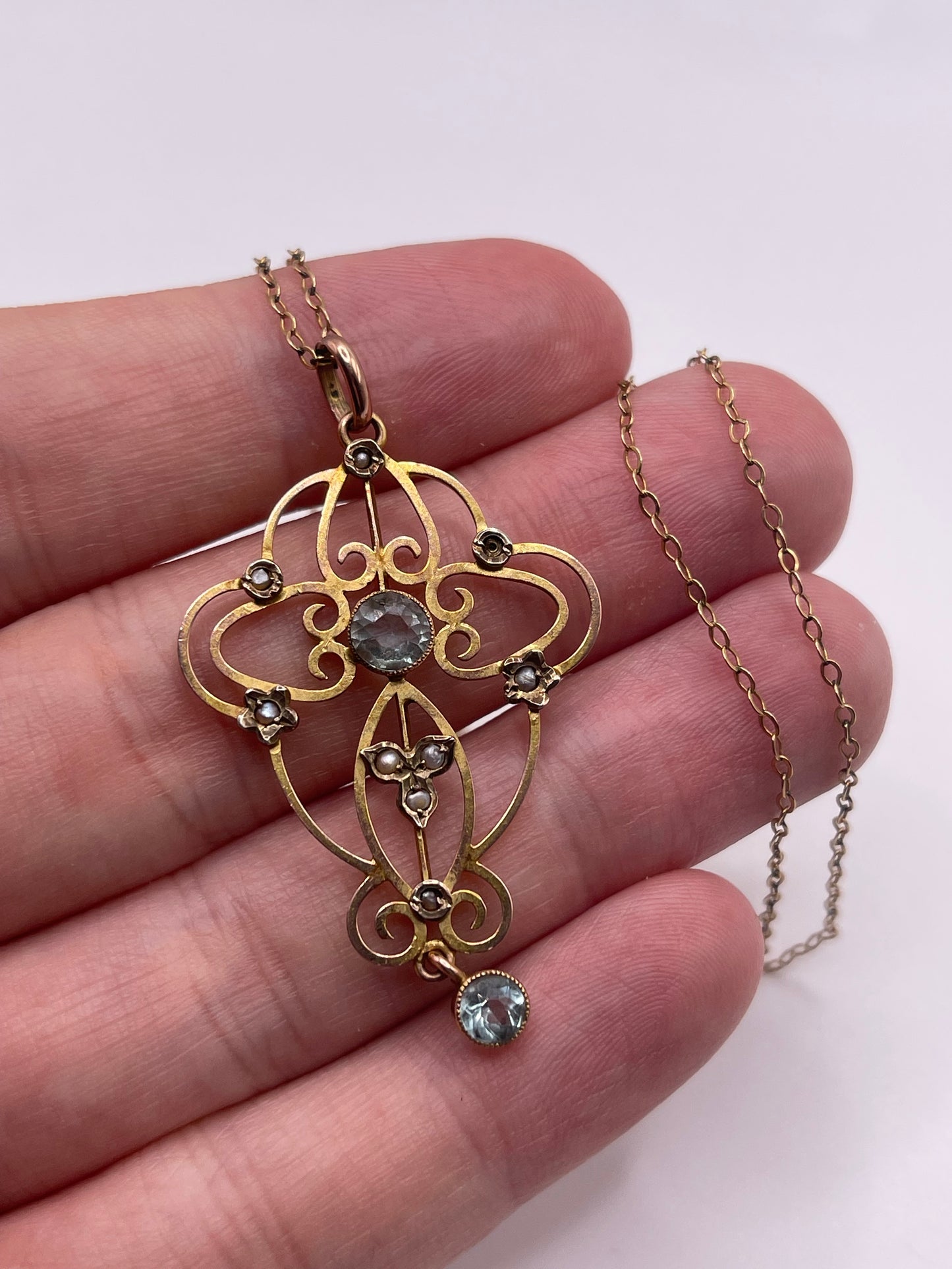 Antique 9ct gold topaz and pearl necklace