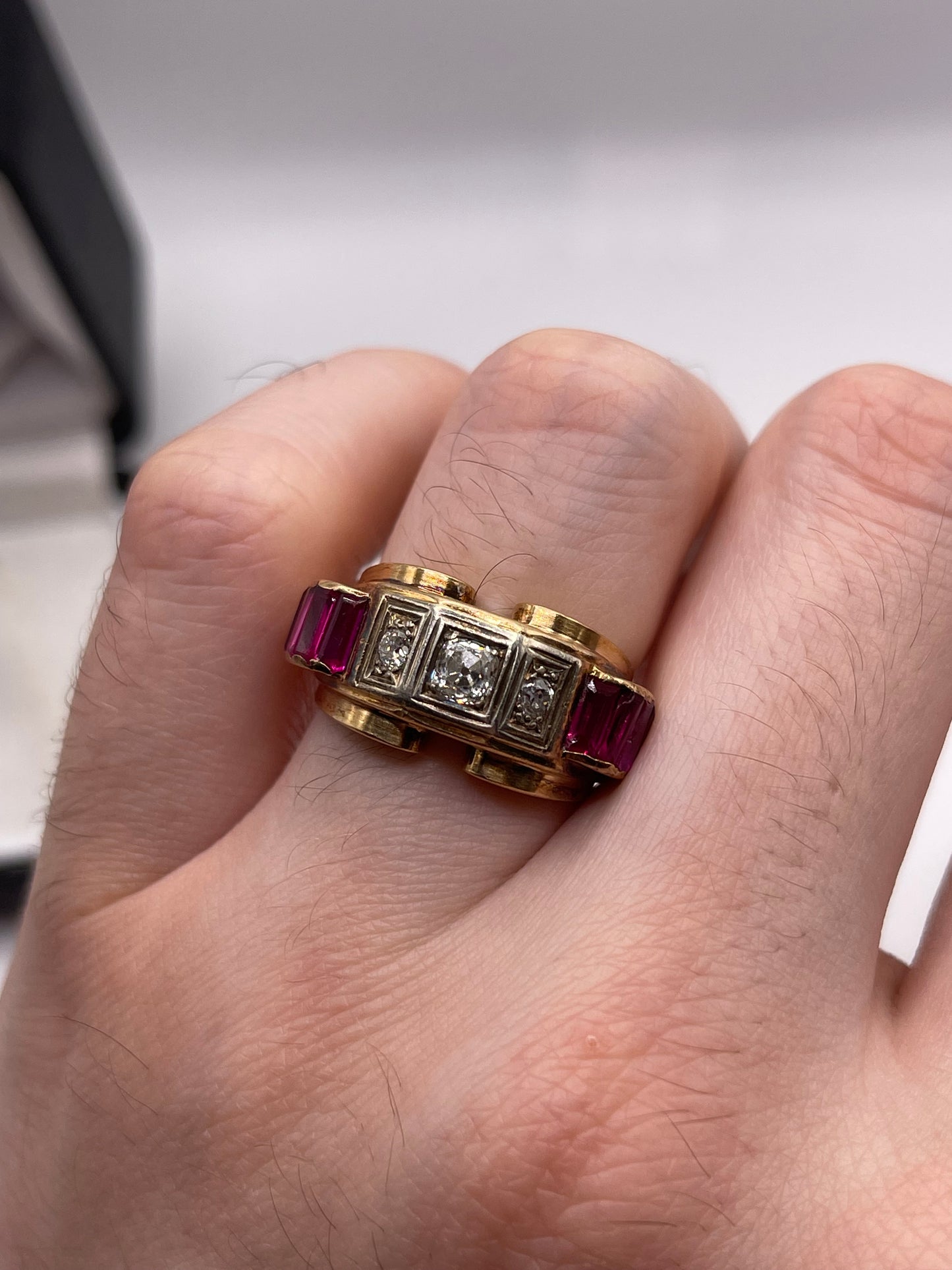 14ct gold synthetic ruby and diamond tank ring