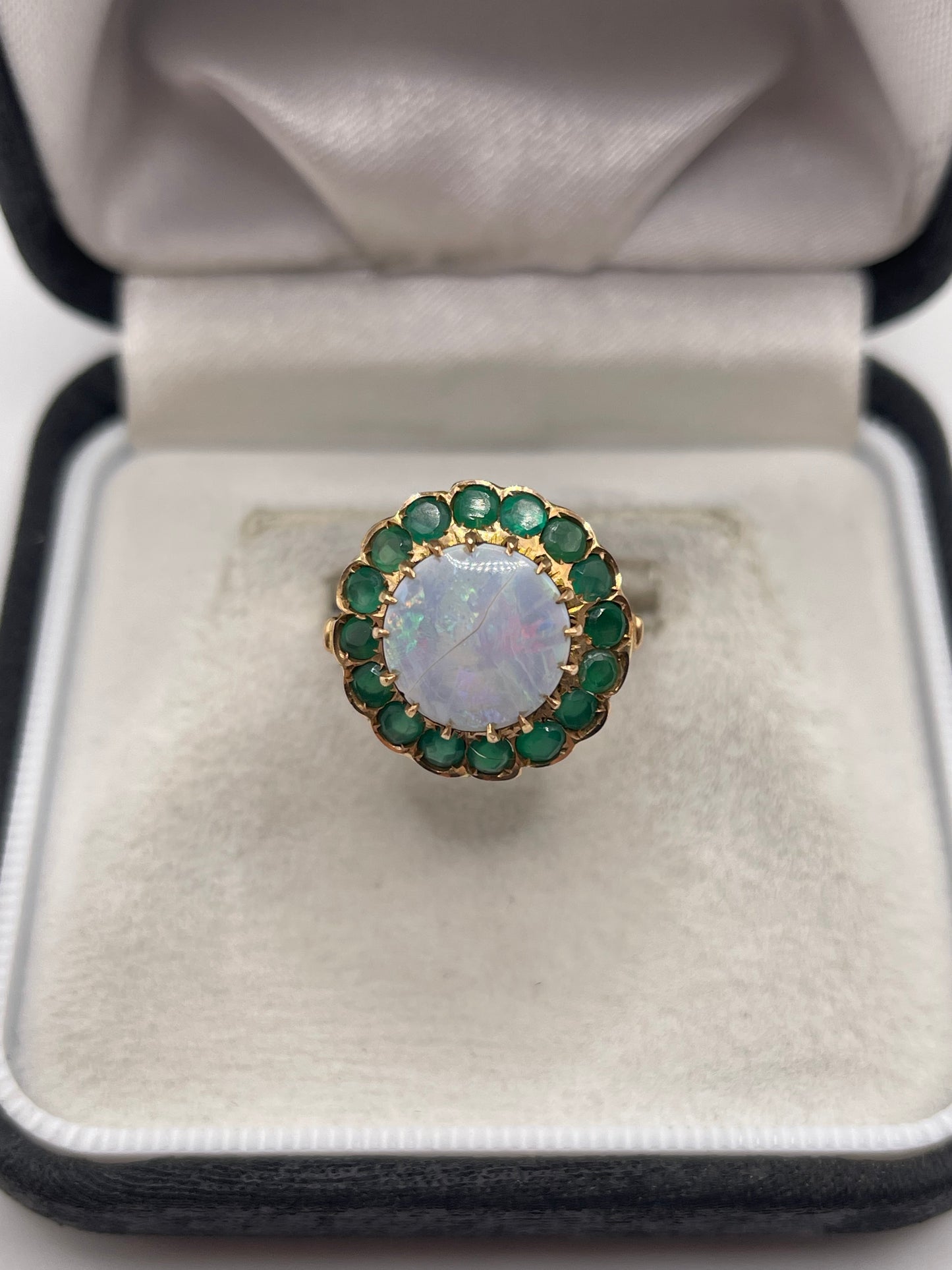 14ct rose gold black opal and emerald ring