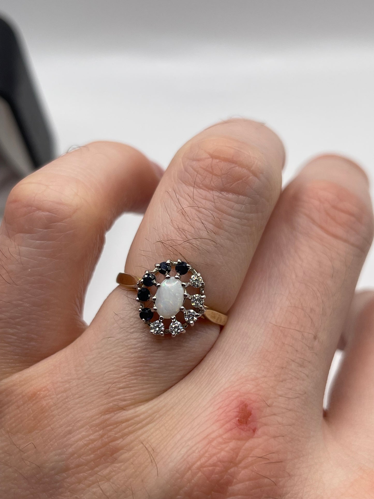 9ct gold opal, sapphire and cz ring