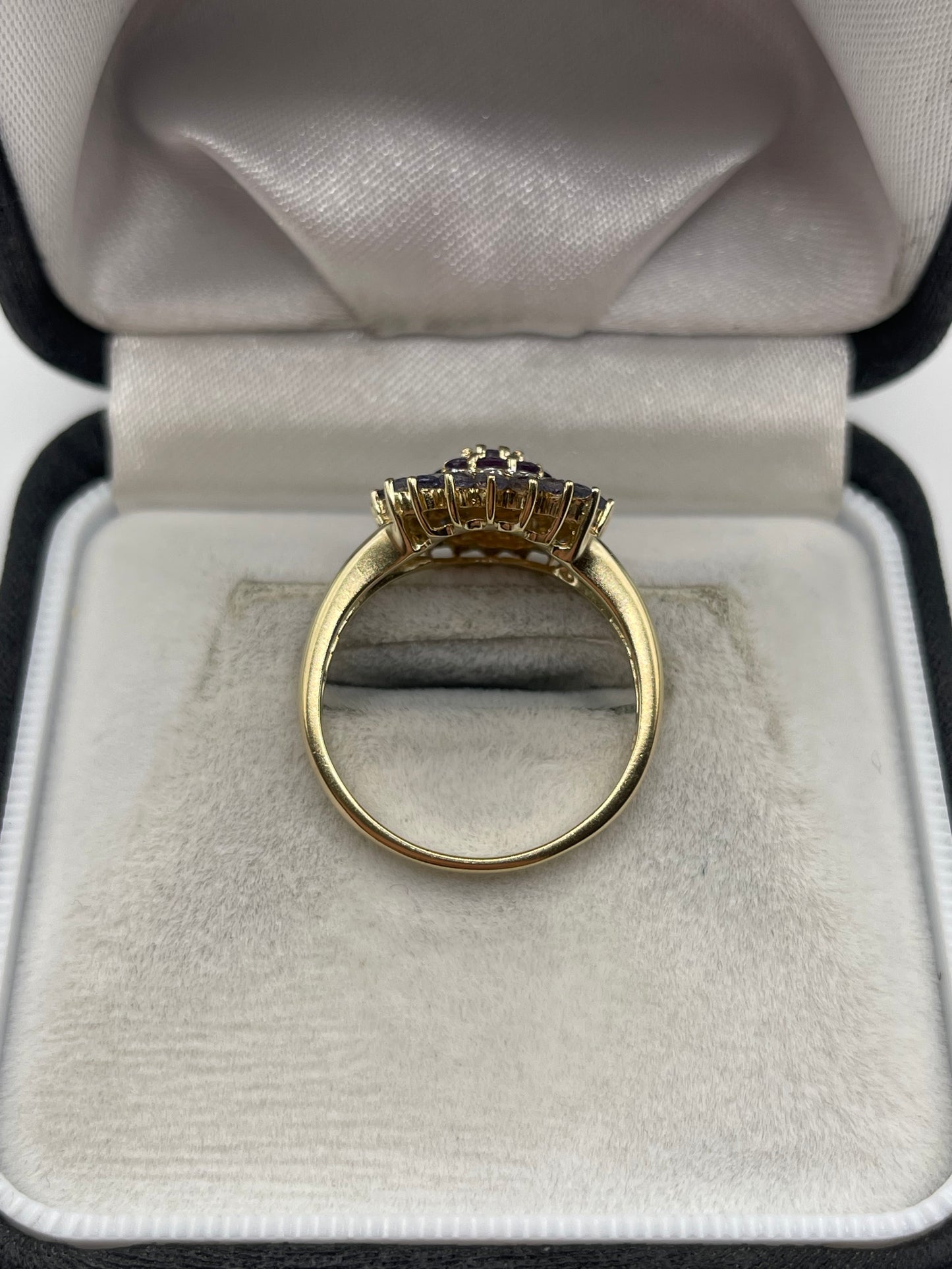 9ct gold amethyst, tanzanite and diamond ring