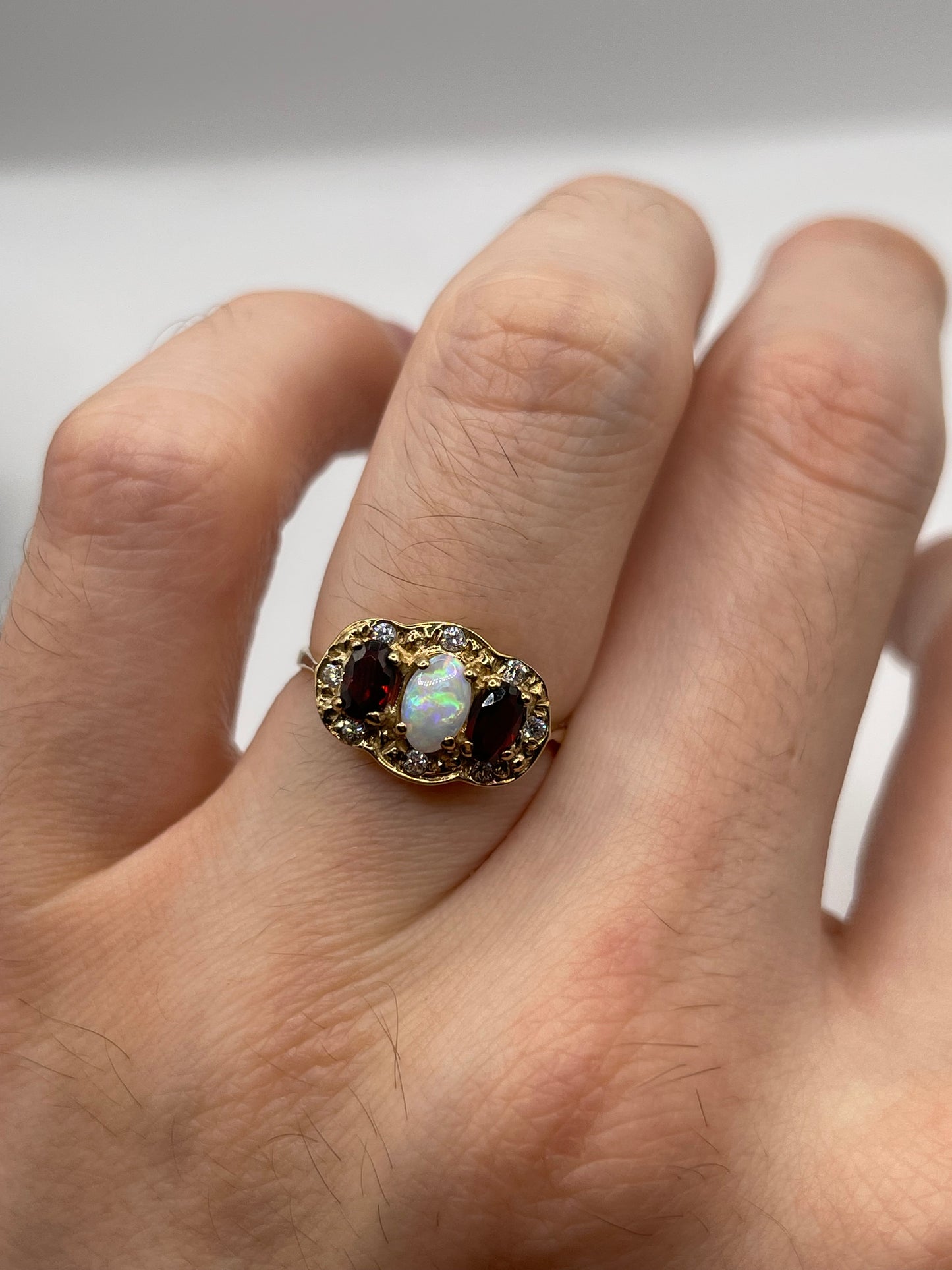 9ct gold opal, garnet and zircon ring
