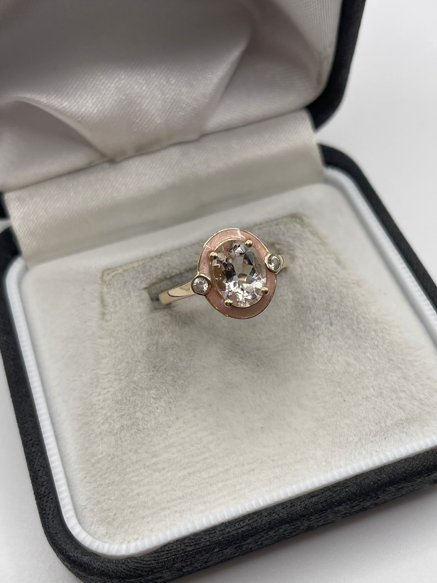 9ct gold morganite, zircon and enamel ring