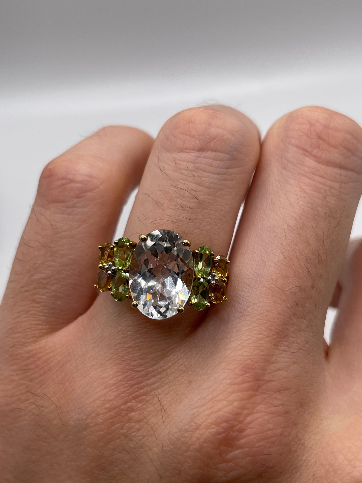 9ct gold topaz, peridot, citrine and diamond ring