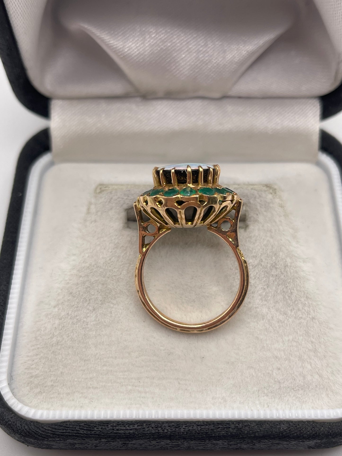 14ct rose gold black opal and emerald ring