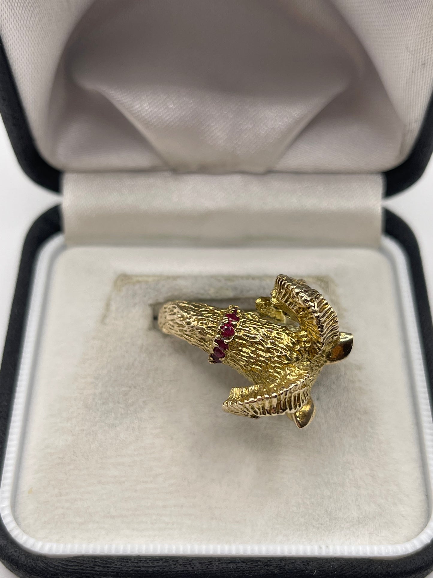 Heavy 9ct gold ruby ram ring