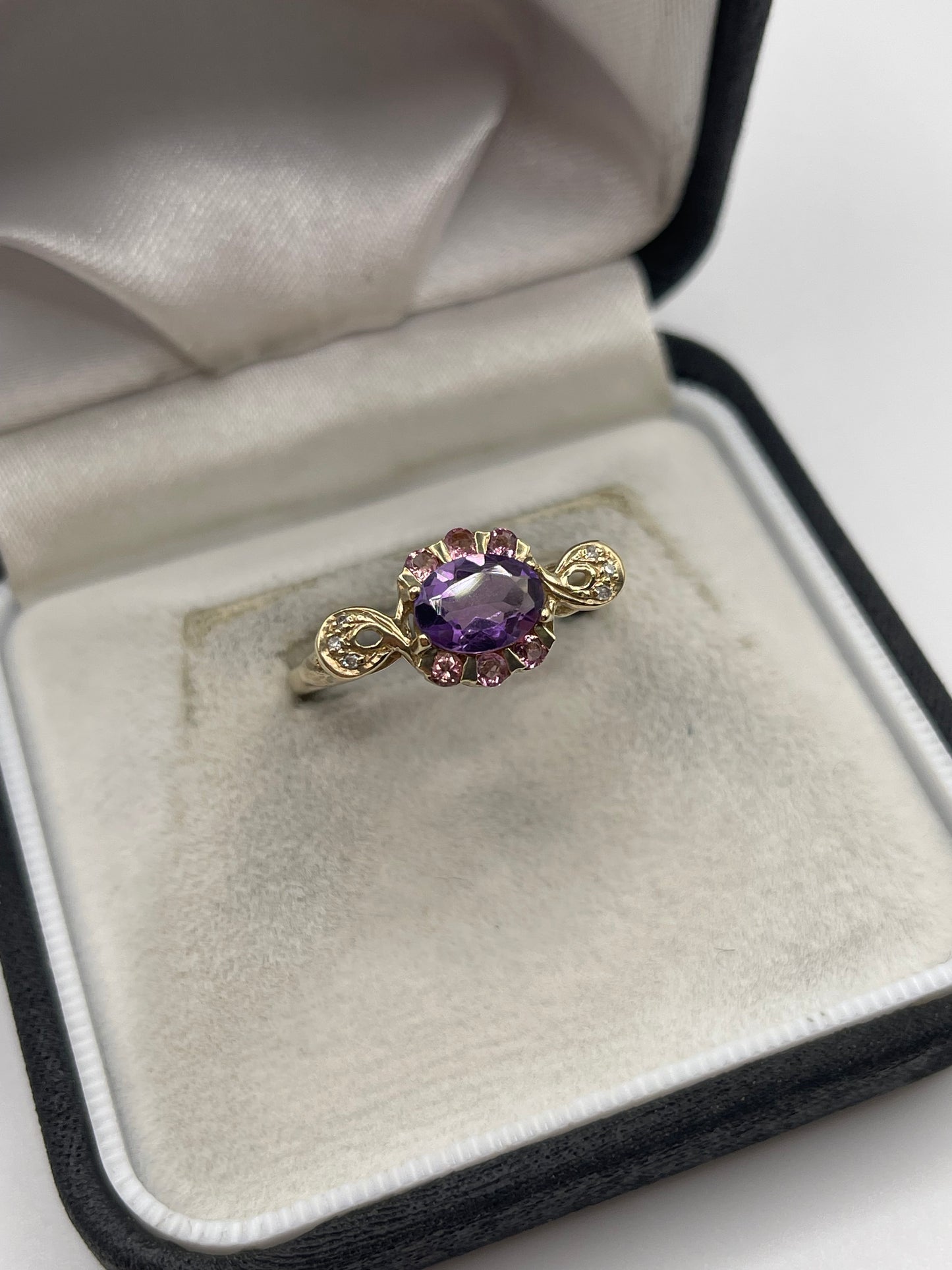 9ct gold amethyst, tourmaline and diamond ring