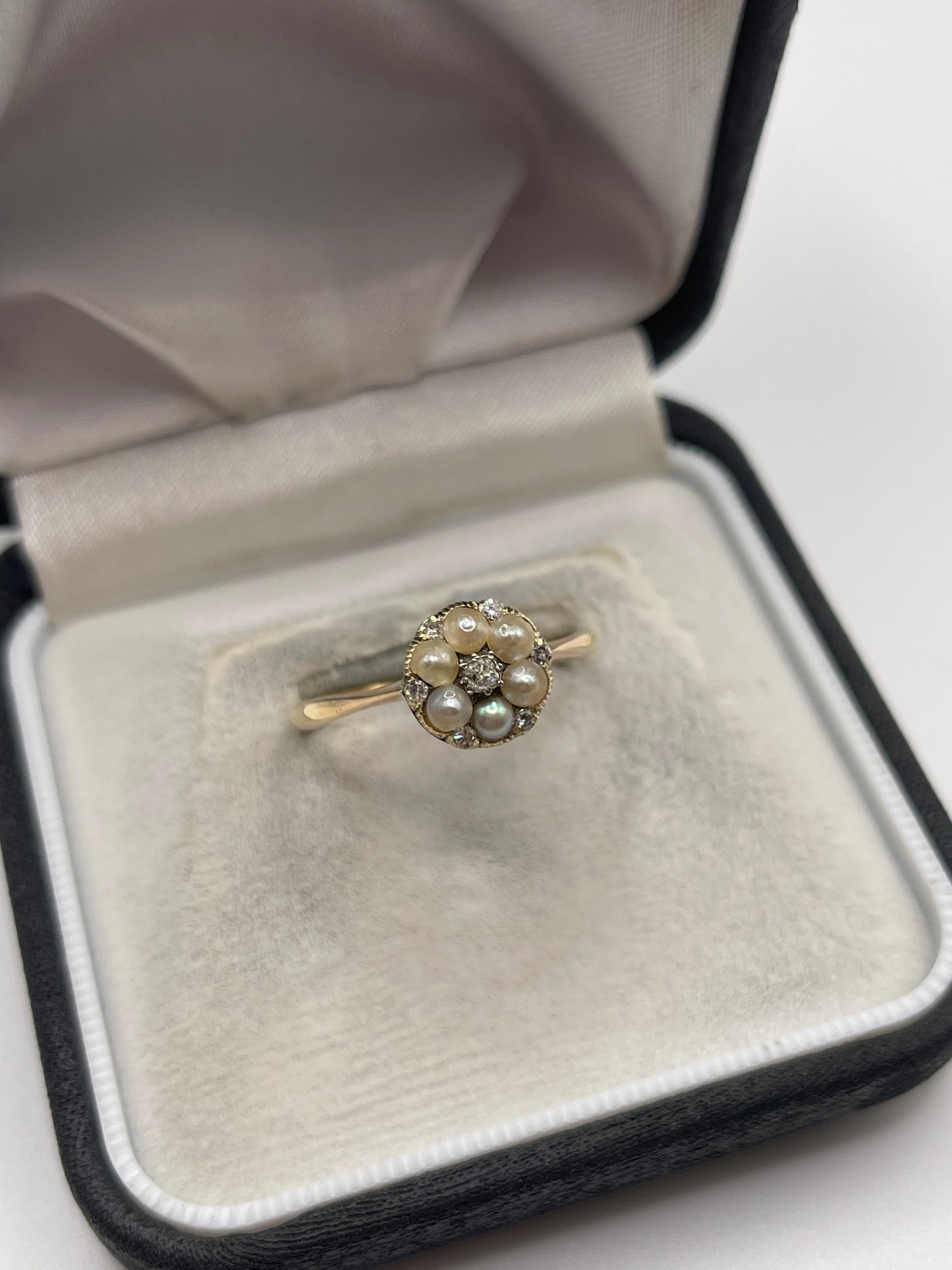 Antique 9ct gold pearl and diamond ring