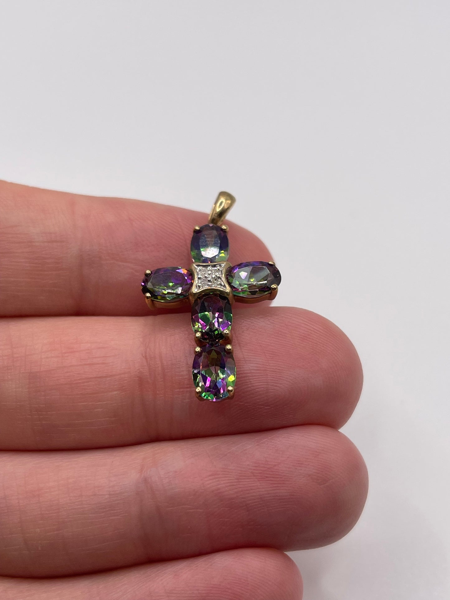 9ct gold mystic topaz and diamond pendant