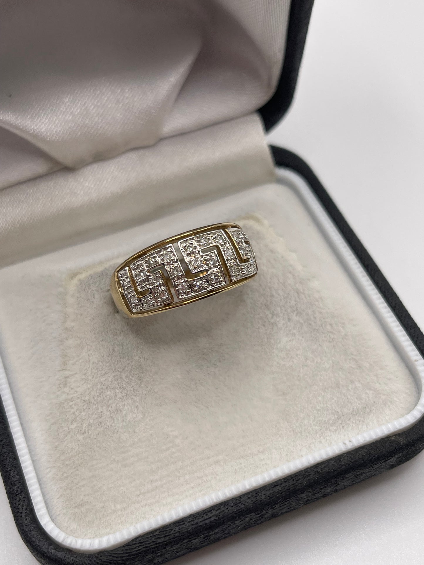 9ct gold diamond Greek key ring