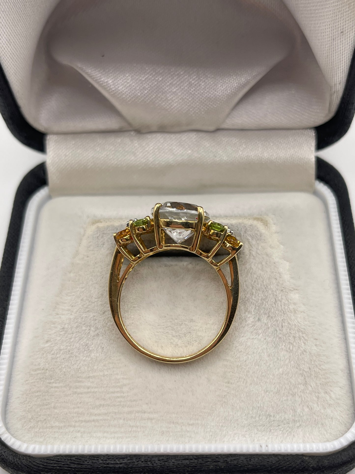 9ct gold topaz, peridot, citrine and diamond ring