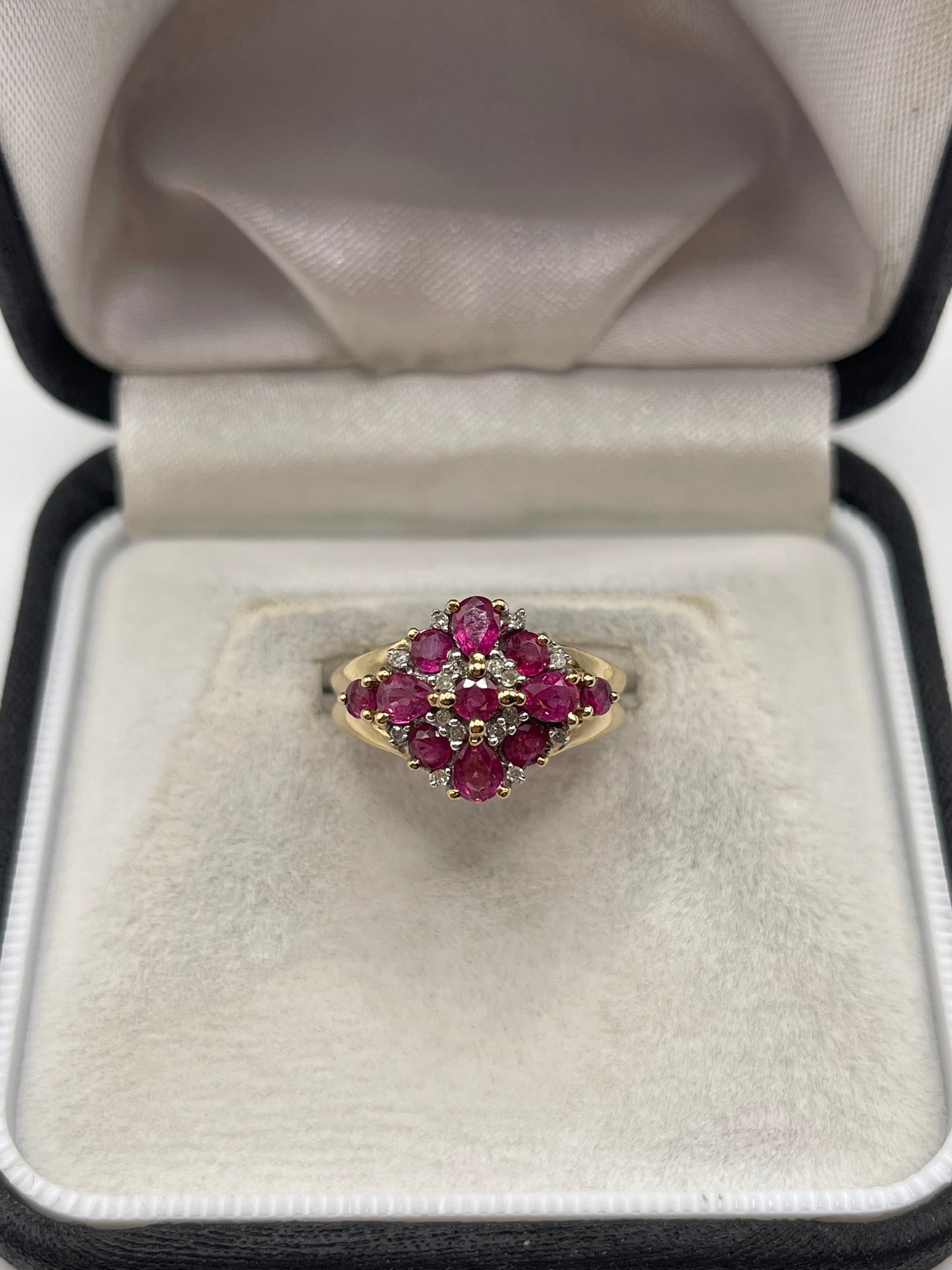 9ct gold ruby and diamond cluster ring