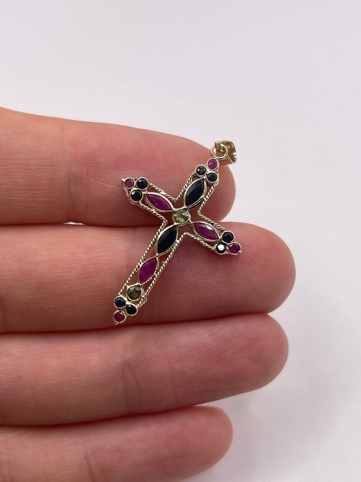 9ct gold sapphire, ruby and quartz cross pendant