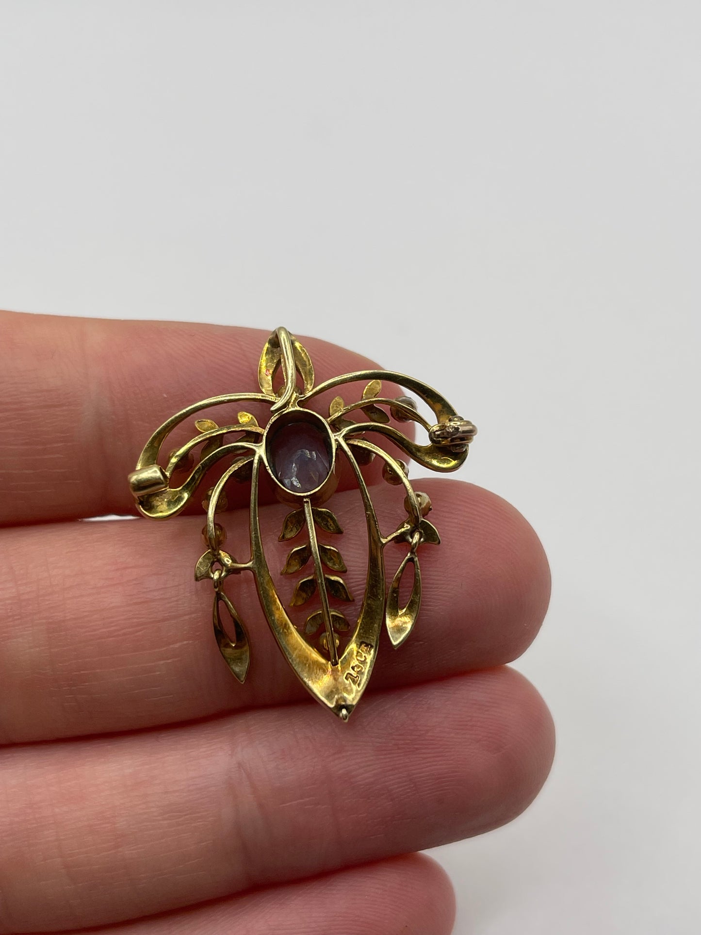Antique 15ct gold aquamarine and pearl pendant