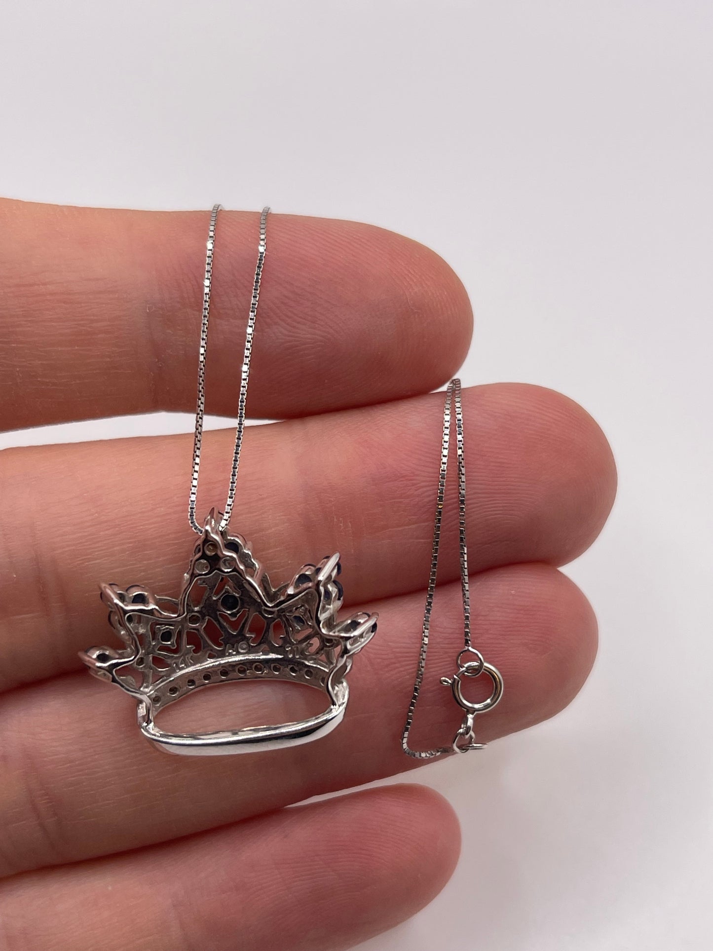 14ct white gold sapphire and diamond crown necklace