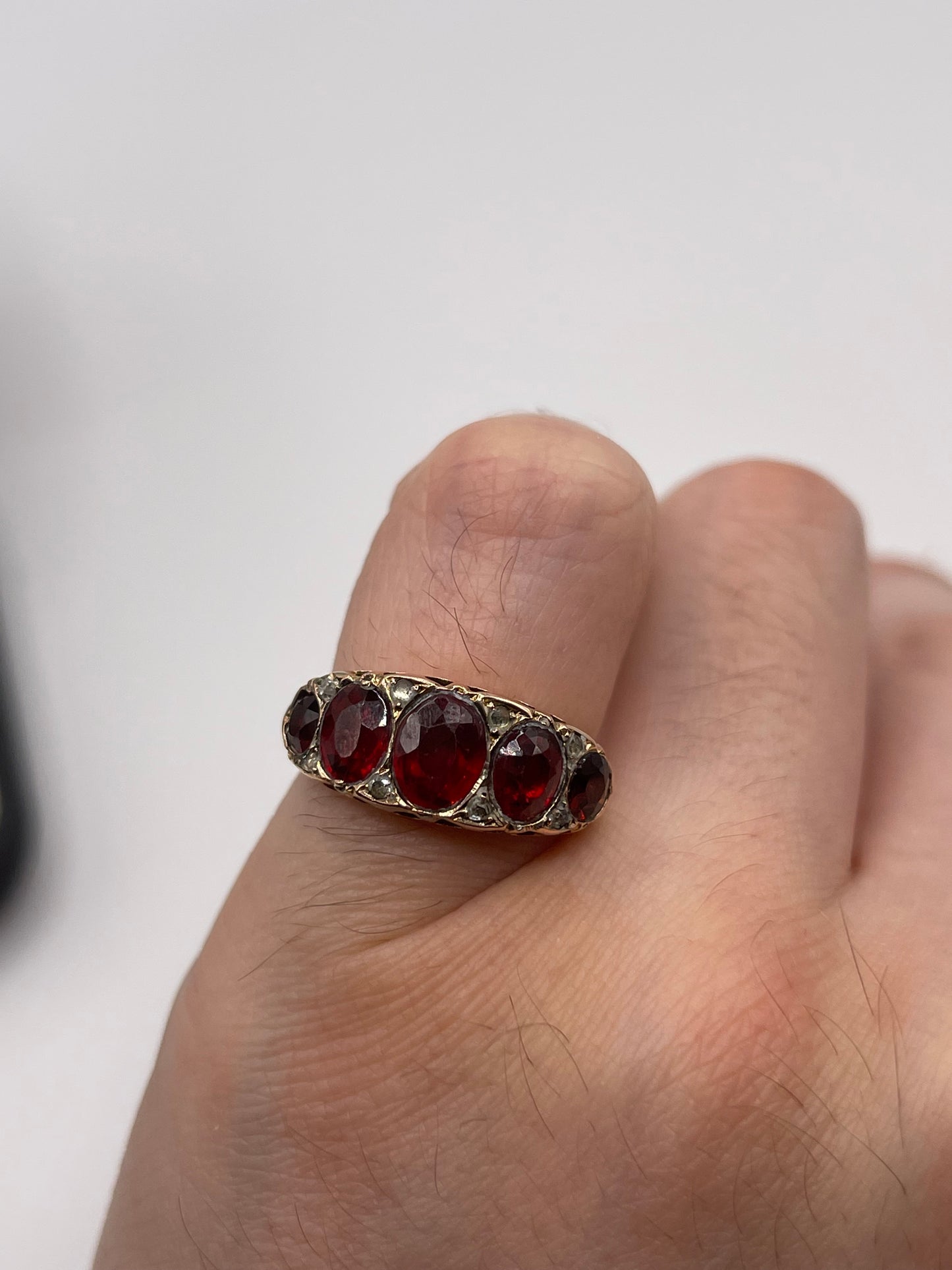 Antique 9ct rose gold garnet and paste ring