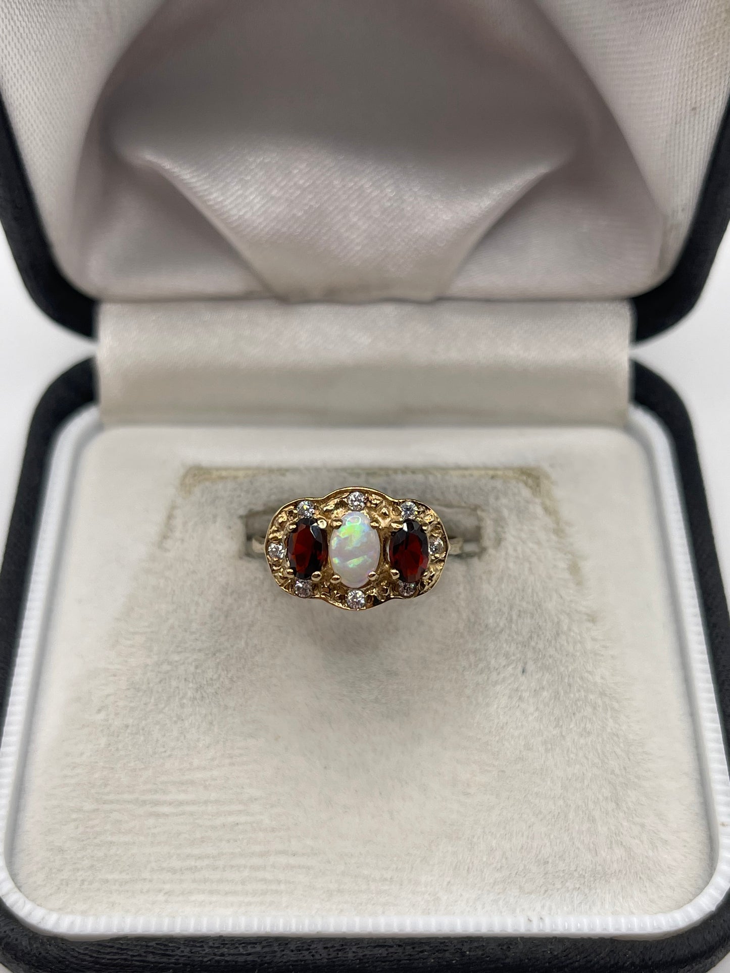 9ct gold opal, garnet and zircon ring