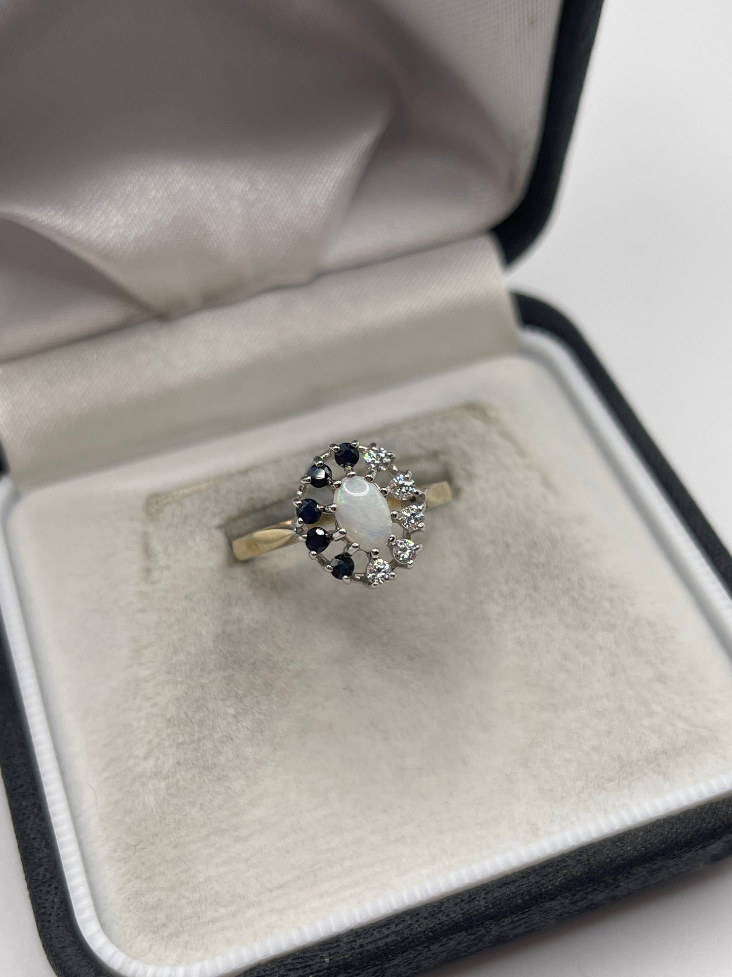 9ct gold opal, sapphire and cz ring