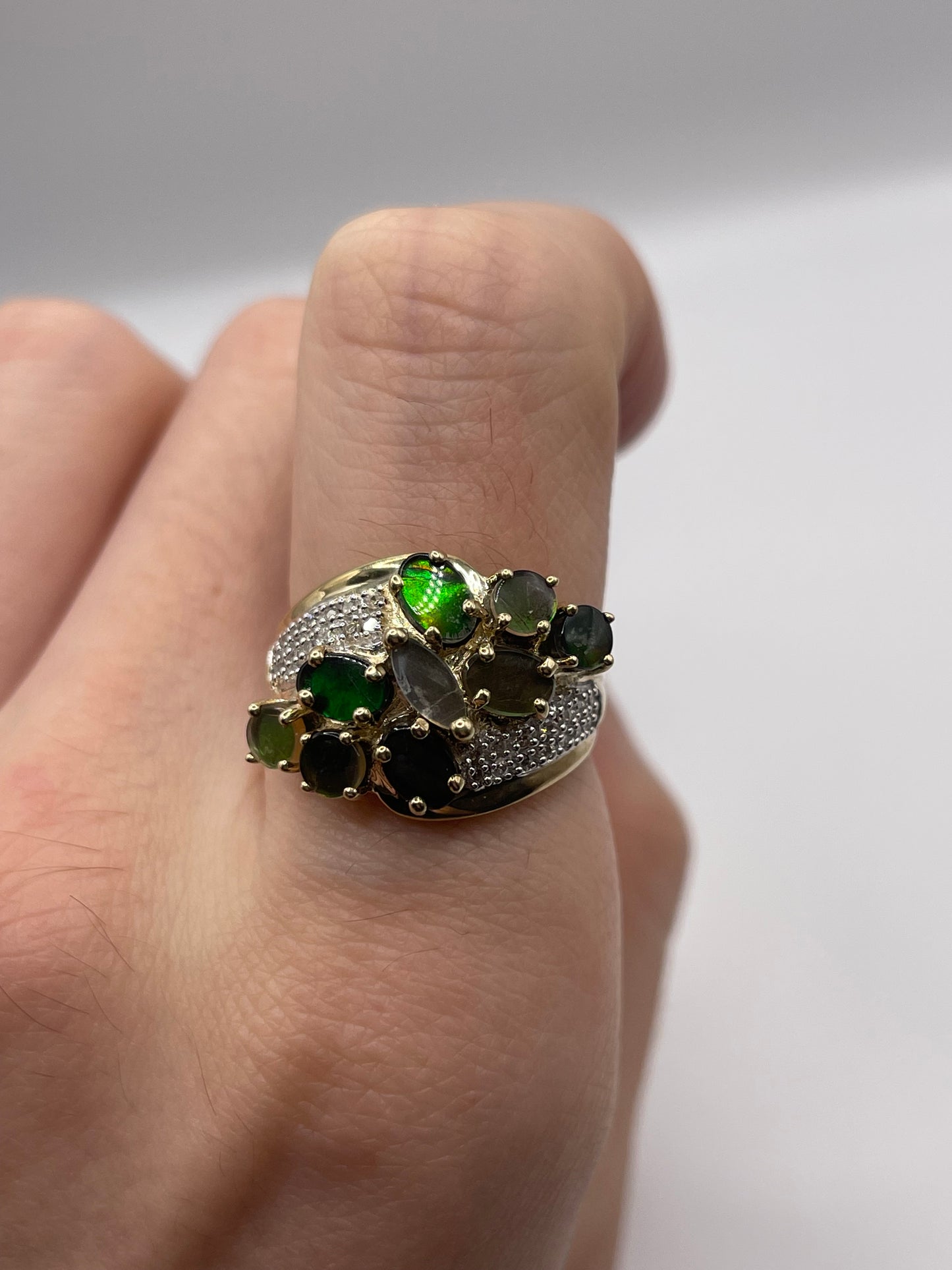 9ct gold ammolite and diamond ring