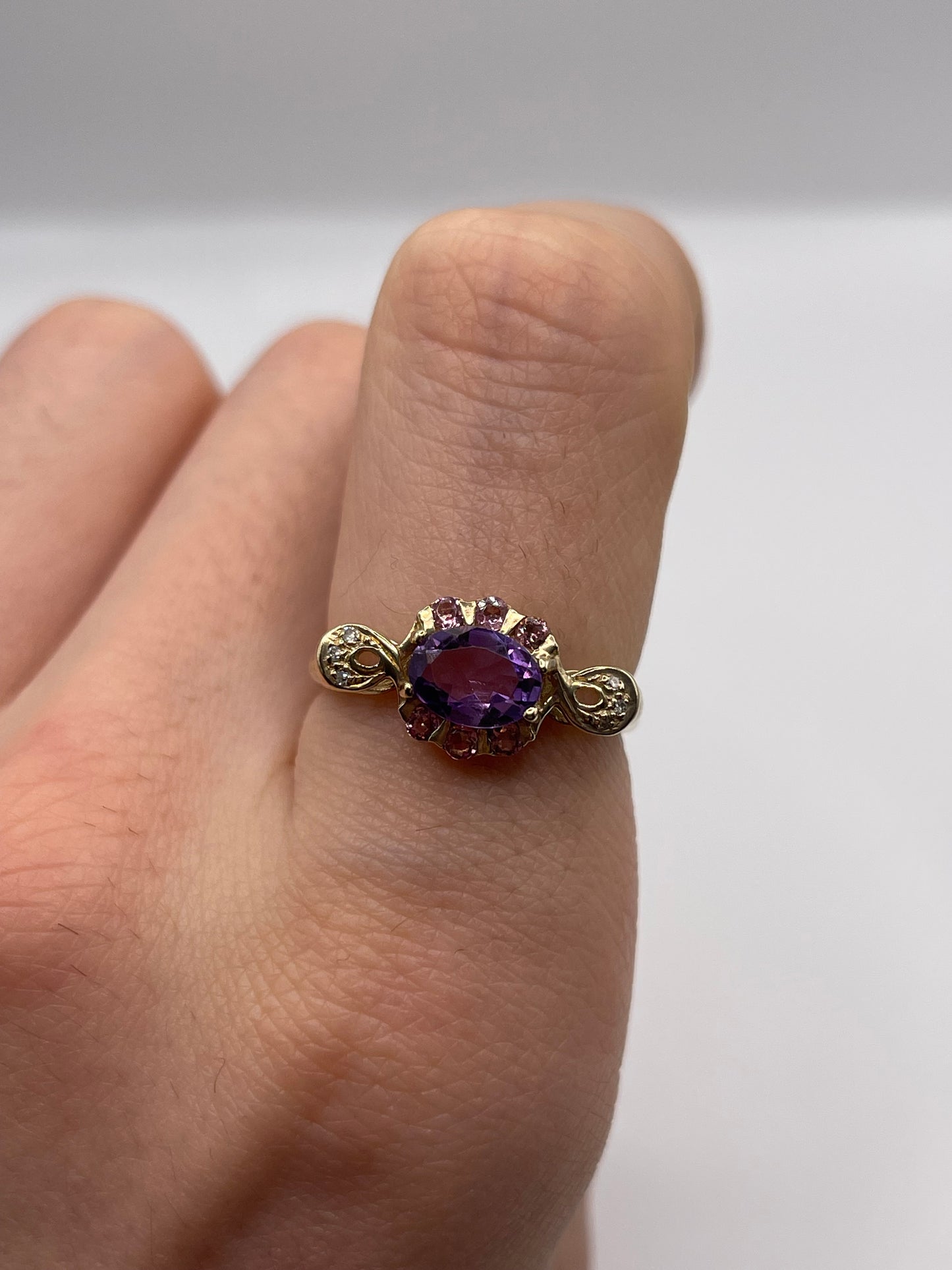 9ct gold amethyst, tourmaline and diamond ring