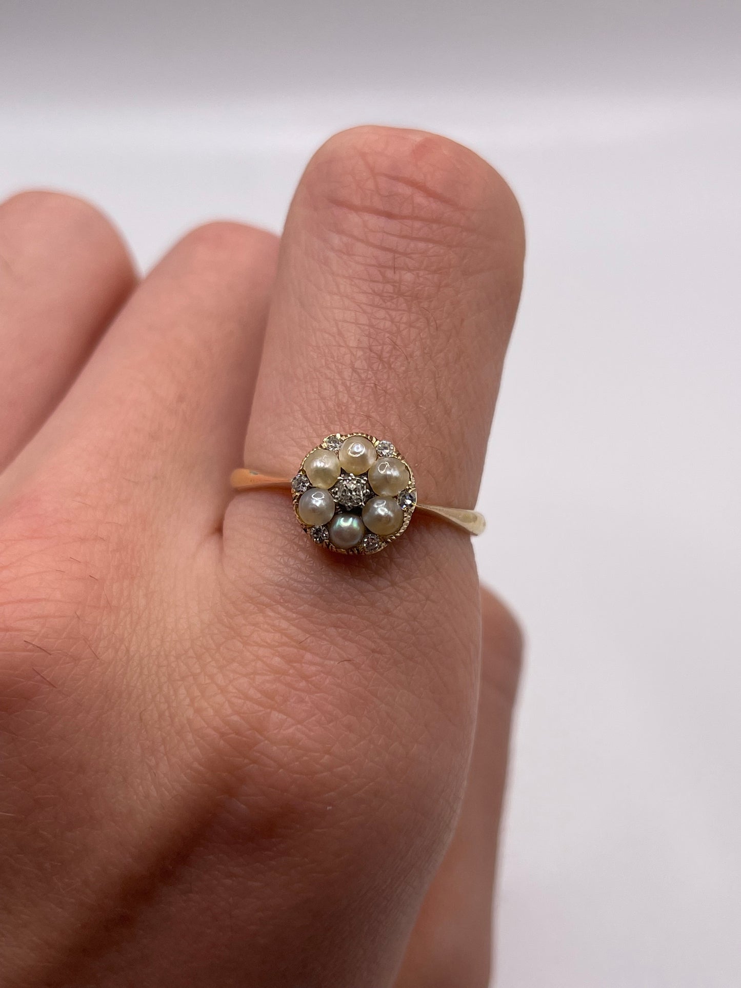 Antique 9ct gold pearl and diamond ring