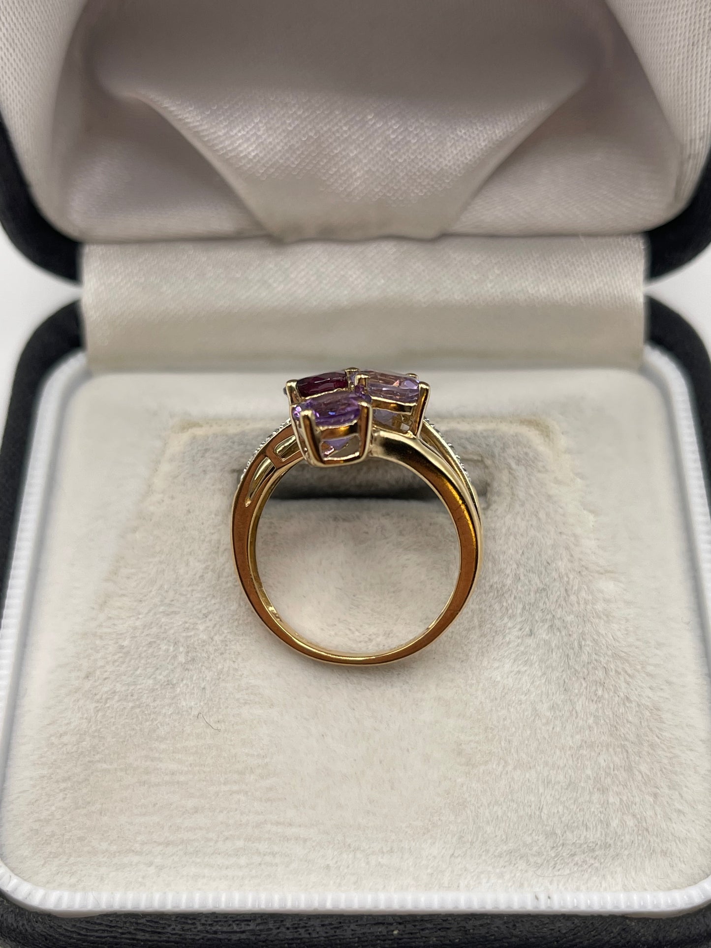 9ct gold garnet, amethyst and diamond ring