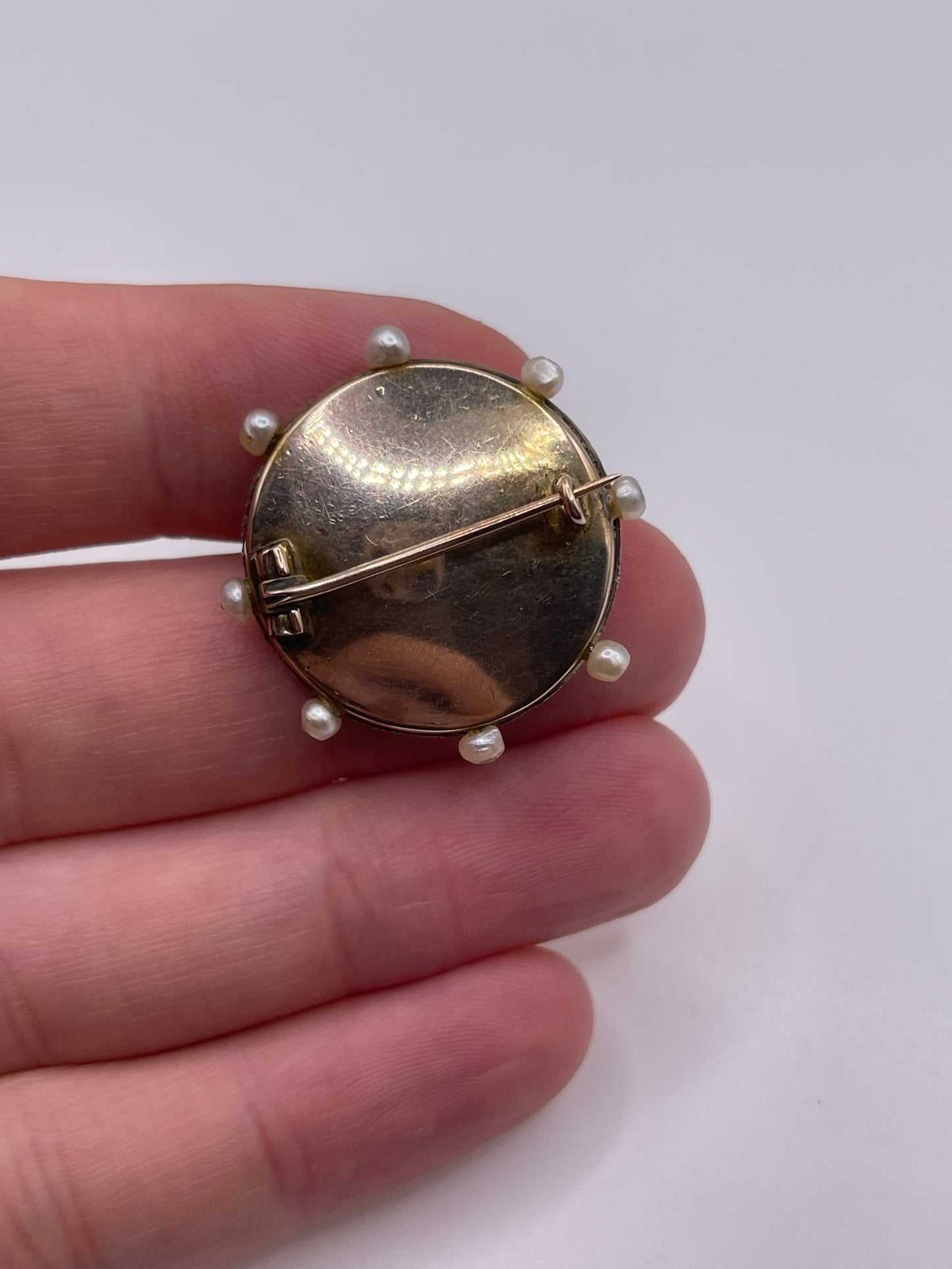 Antique 9ct gold enamel, diamond and pearl brooch