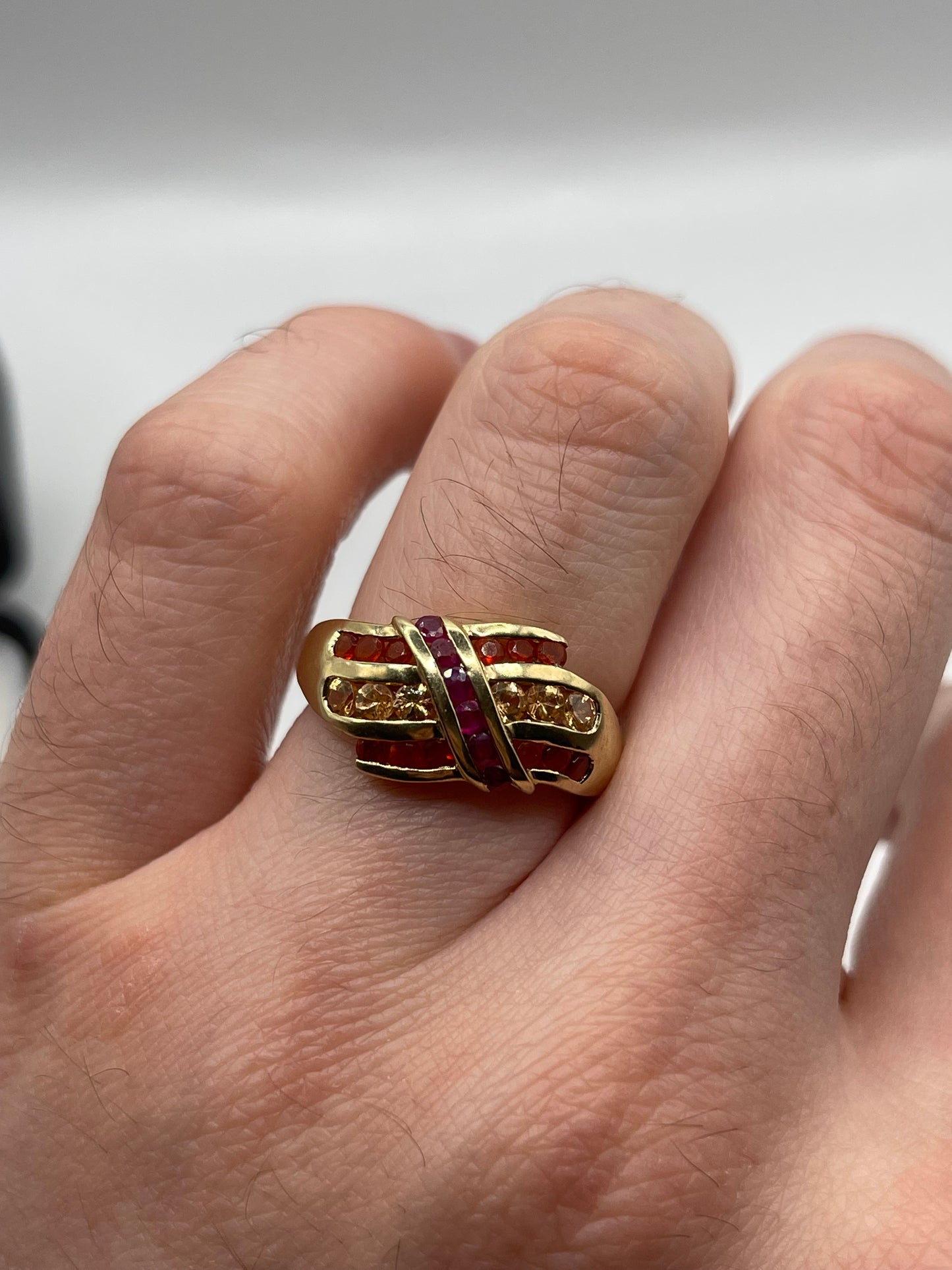 9ct gold ruby, fire opal and citrine ring