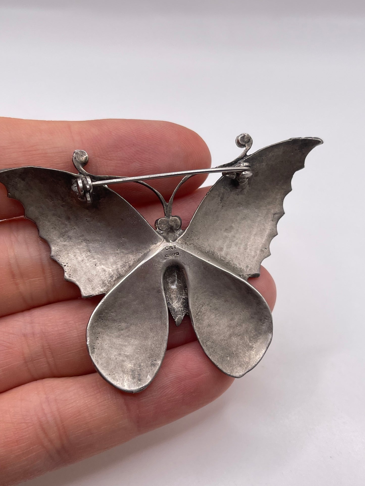 Silver enamel and marcasite butterfly brooch