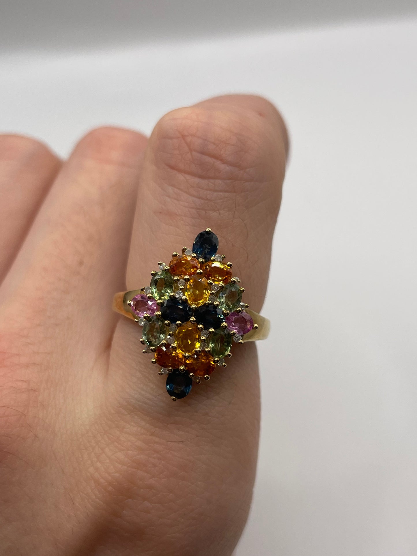 9ct gold multi coloured sapphire and diamond ring