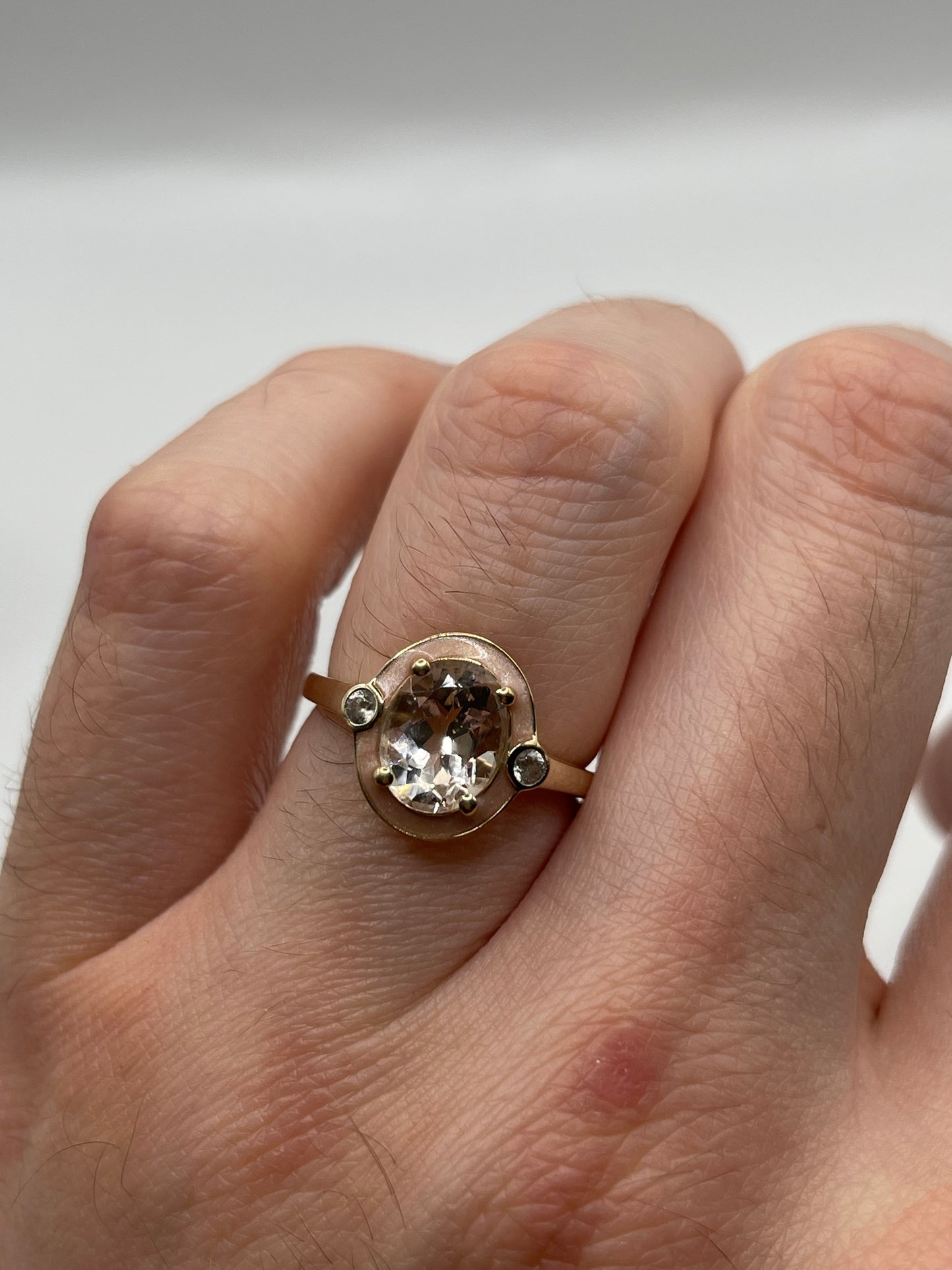 9ct gold morganite, zircon and enamel ring