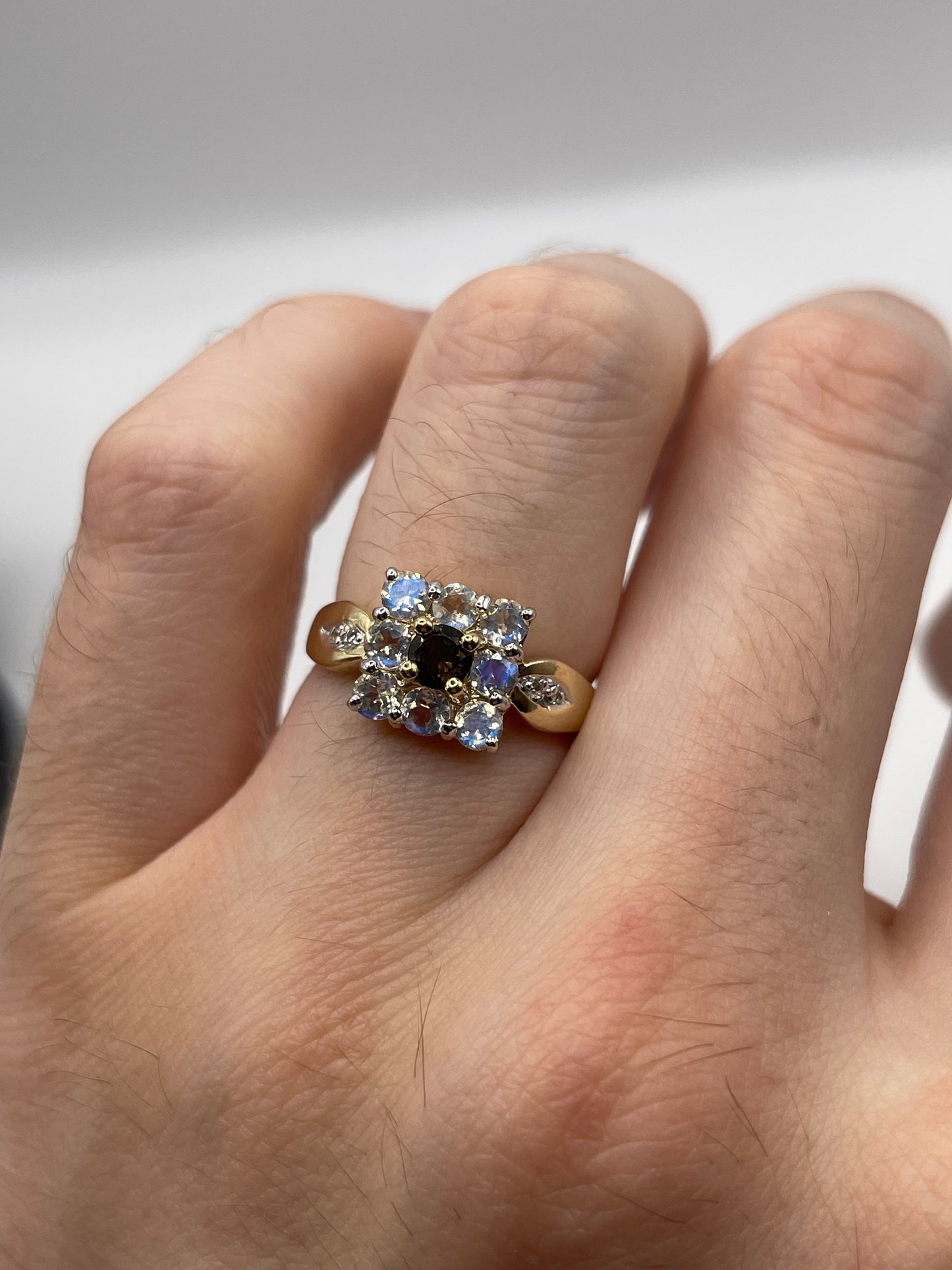 9ct gold Smokey quartz and rainbow moonstone ring