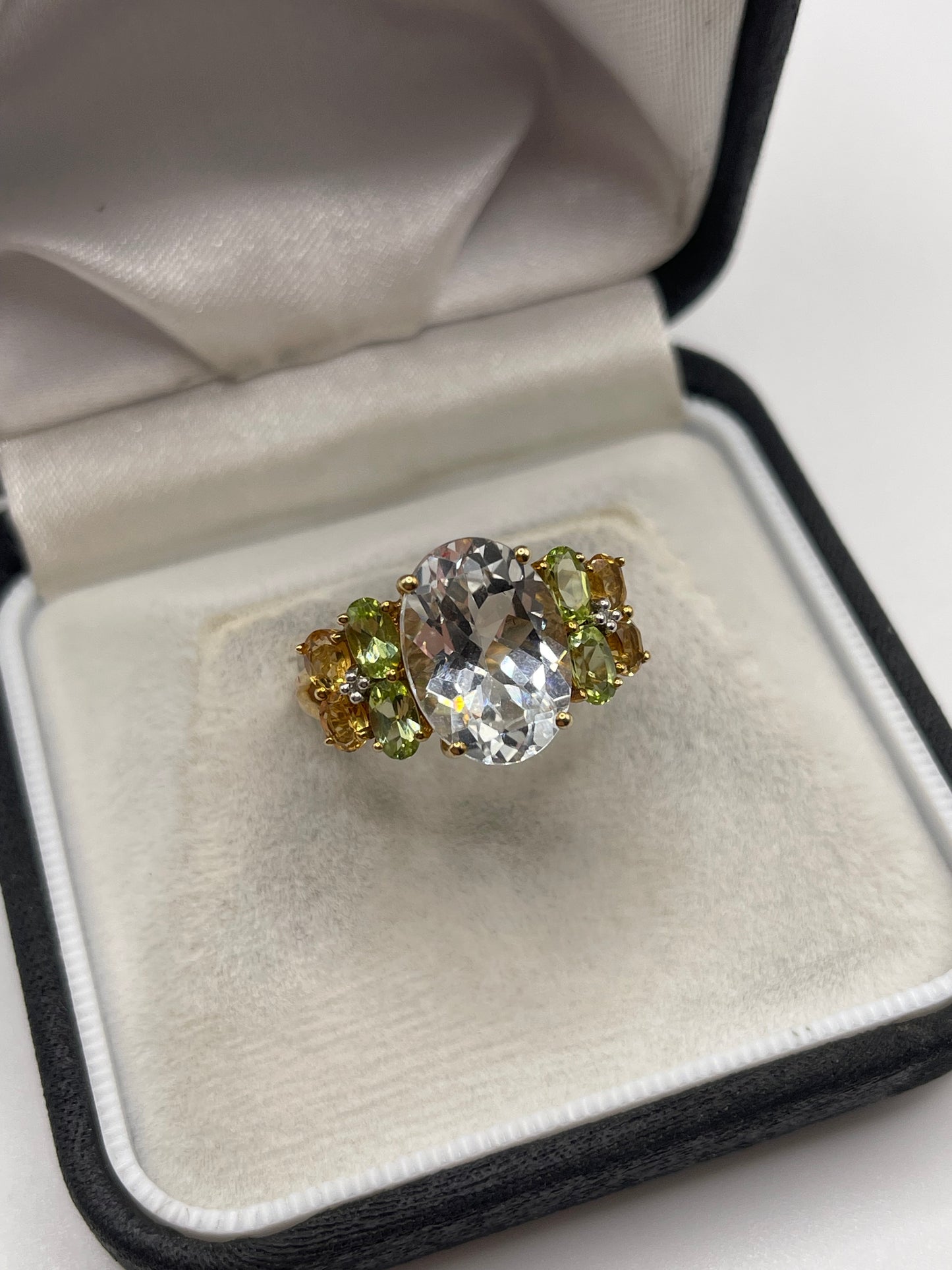 9ct gold topaz, peridot, citrine and diamond ring