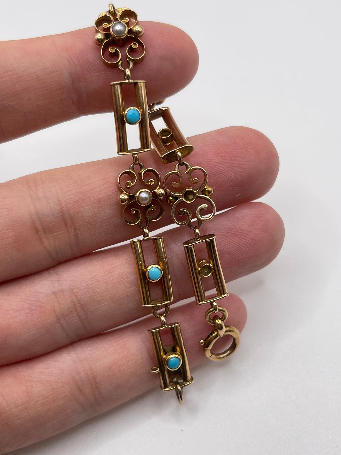 Antique 15ct rose gold turquoise and pearl bracelet