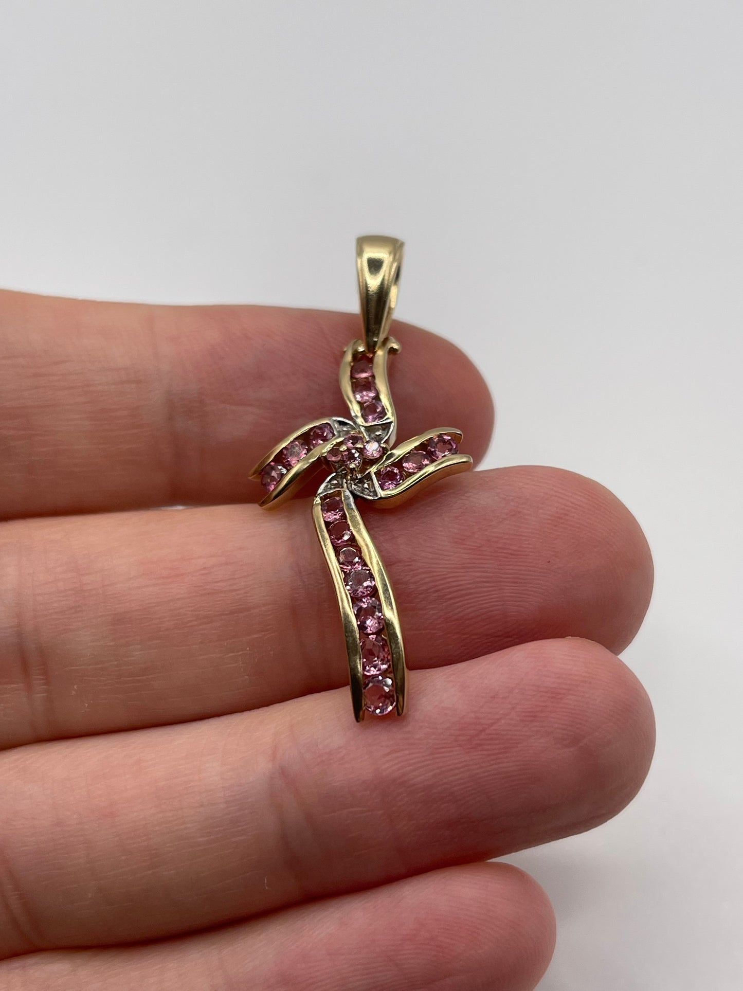 9ct gold pink topaz and diamond cross pendant