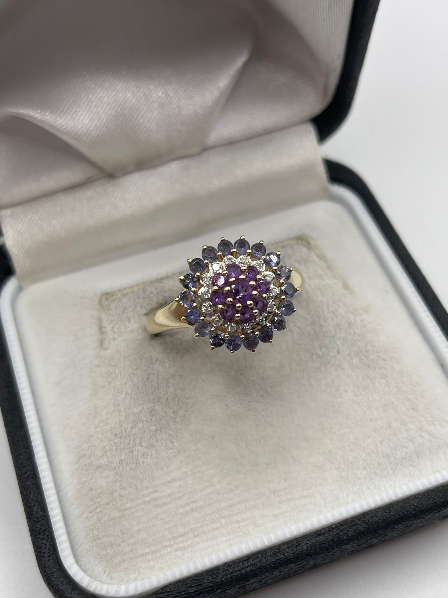 9ct gold amethyst, tanzanite and diamond ring