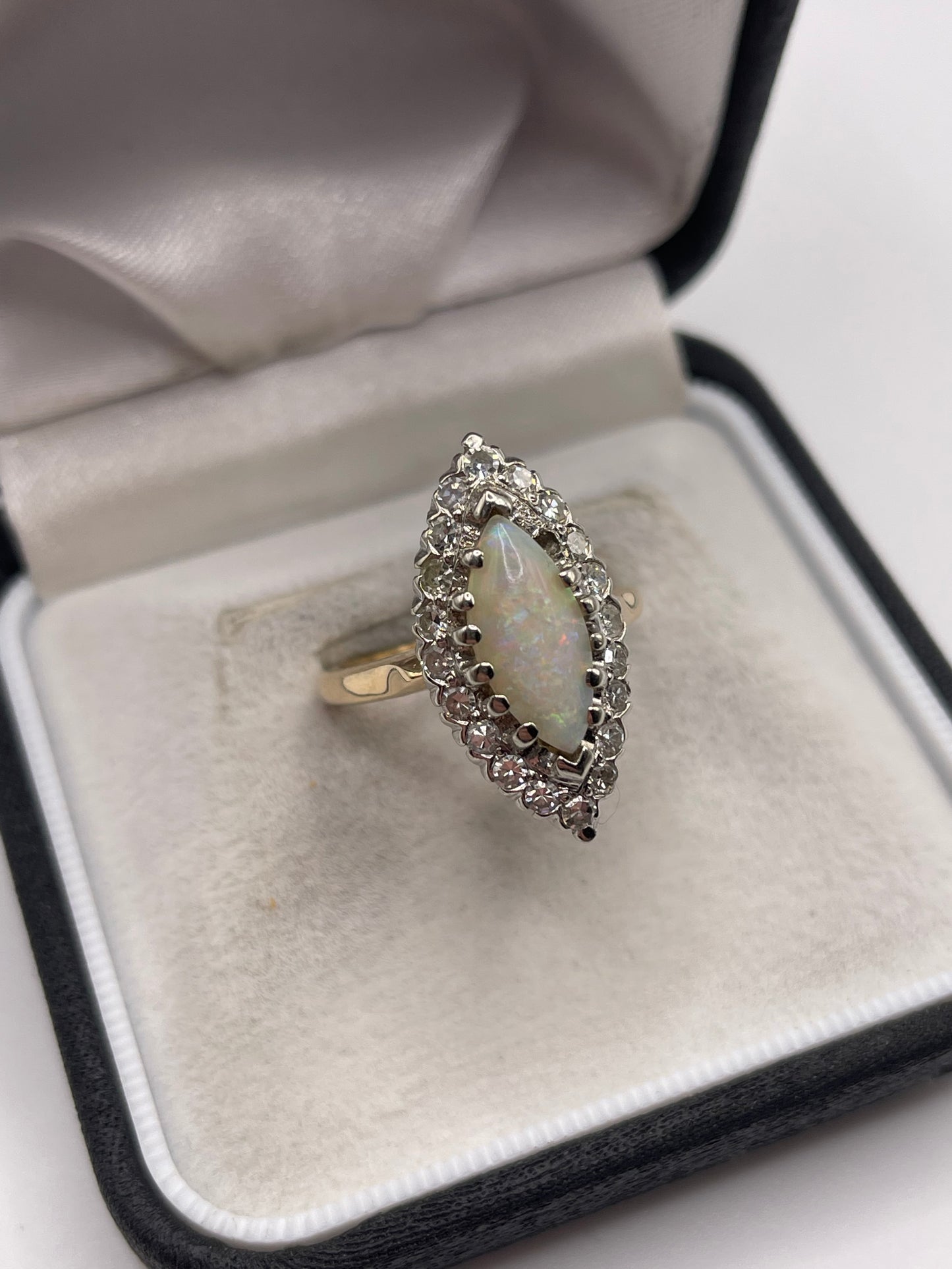 14ct gold opal and diamond navette ring