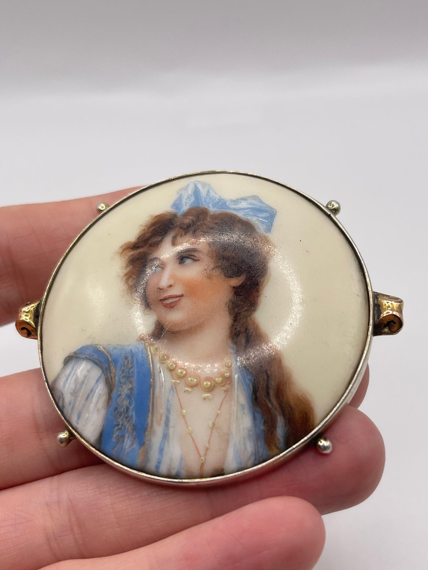 Antique silver painted porcelain brooch