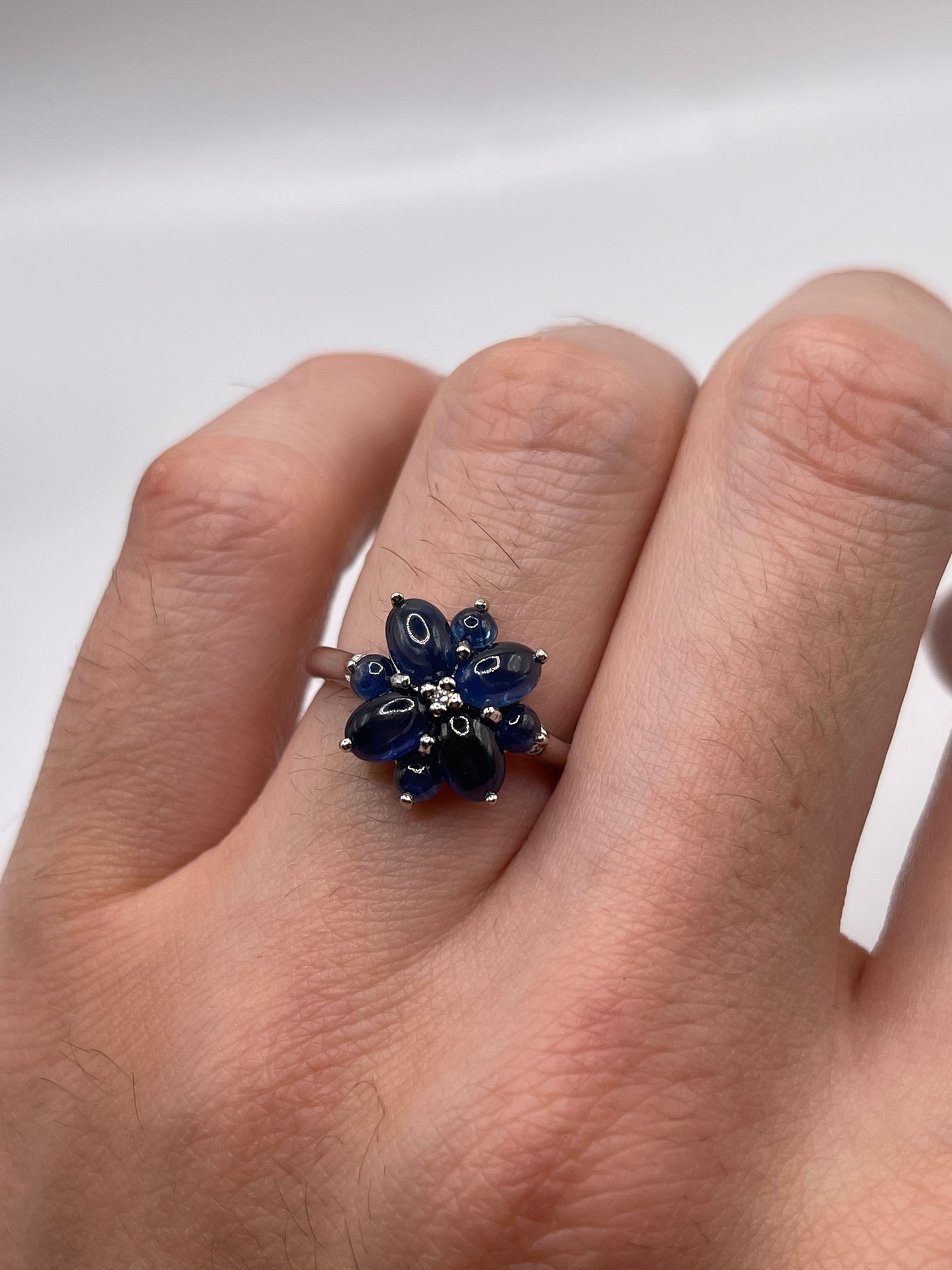 9ct white gold cabochon sapphire and diamond ring