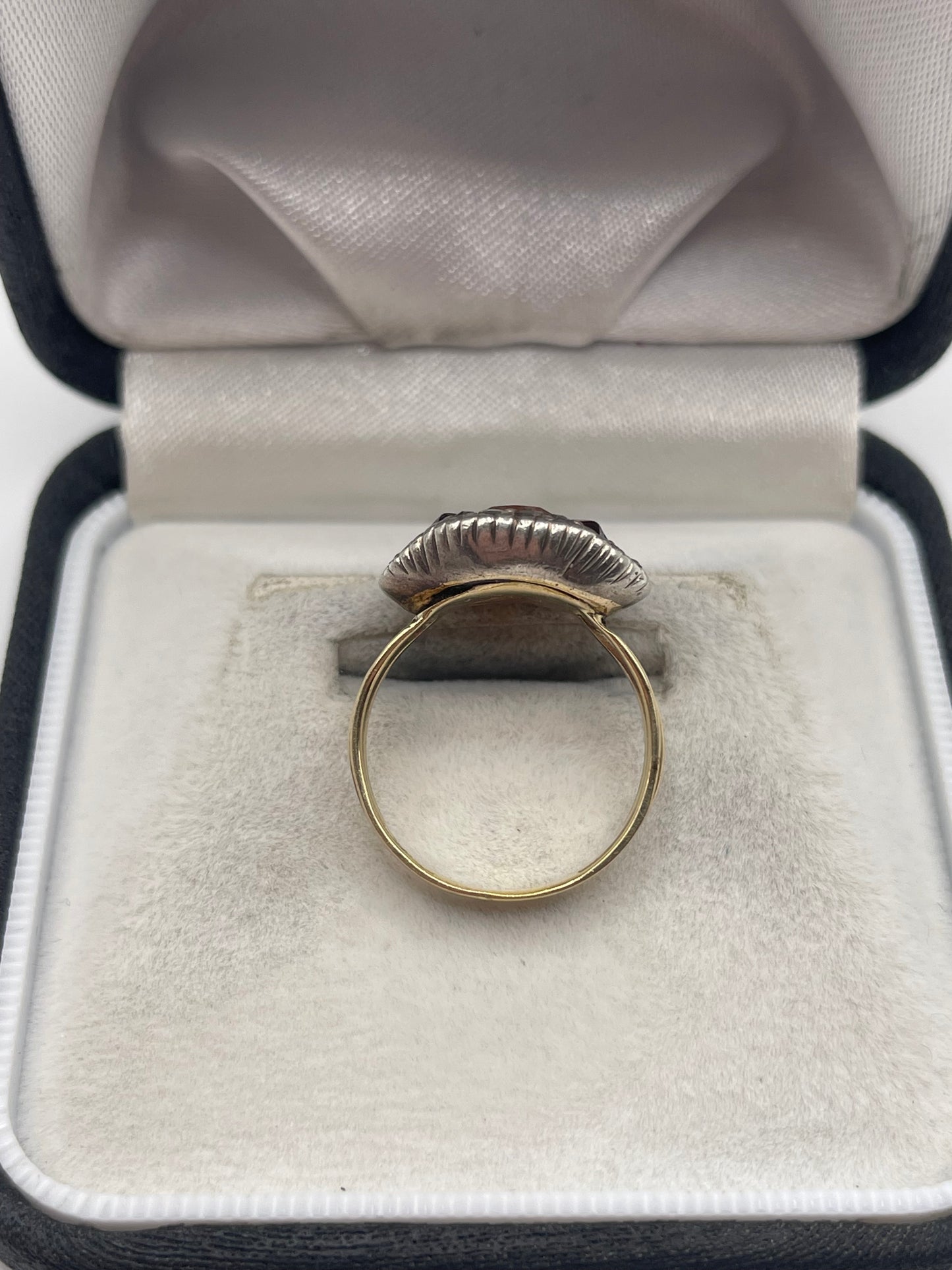 9ct gold and silver topaz, garnet and diamond ring