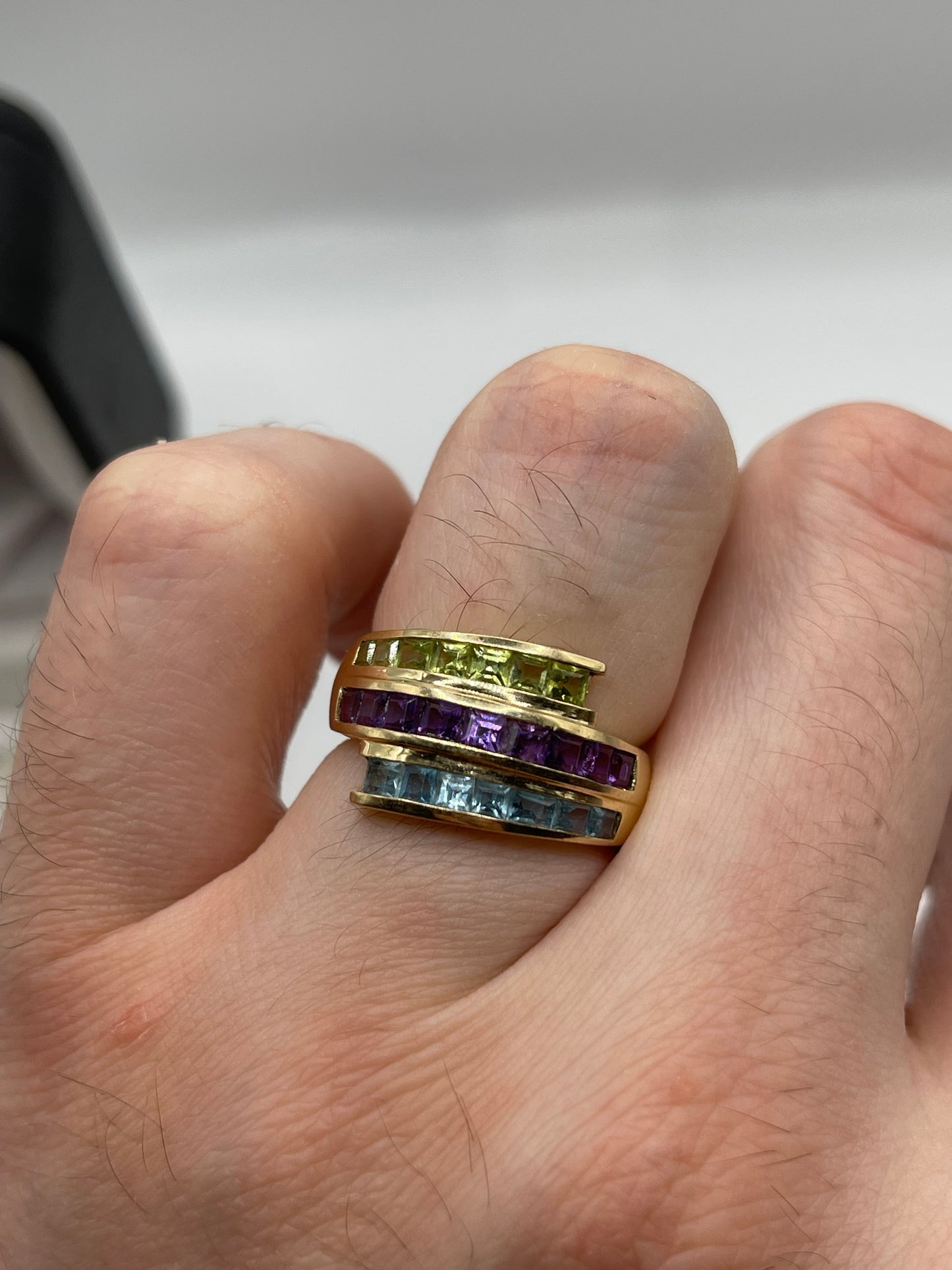 14ct gold peridot, amethyst and topaz ring