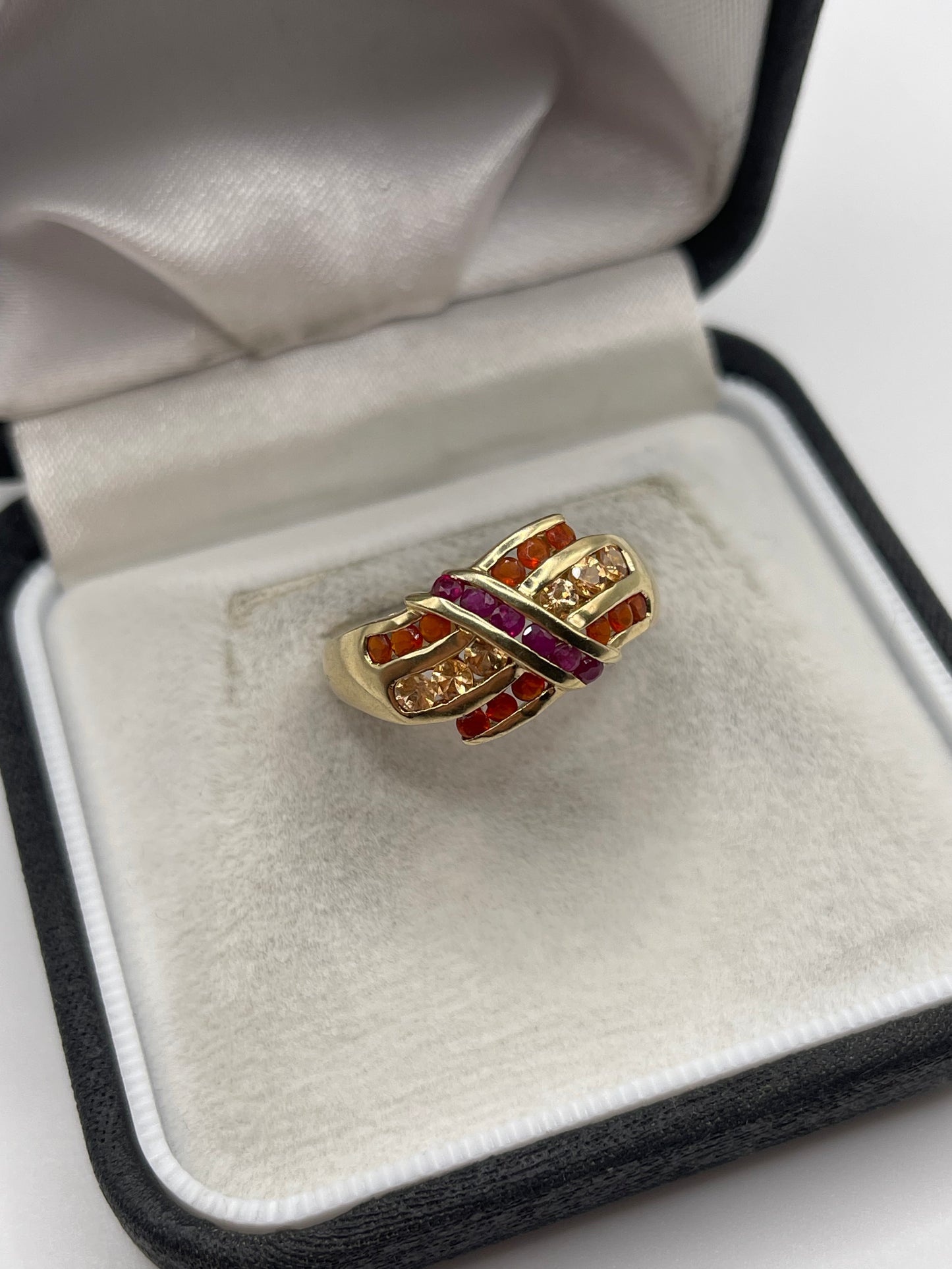 9ct gold ruby, fire opal and citrine ring