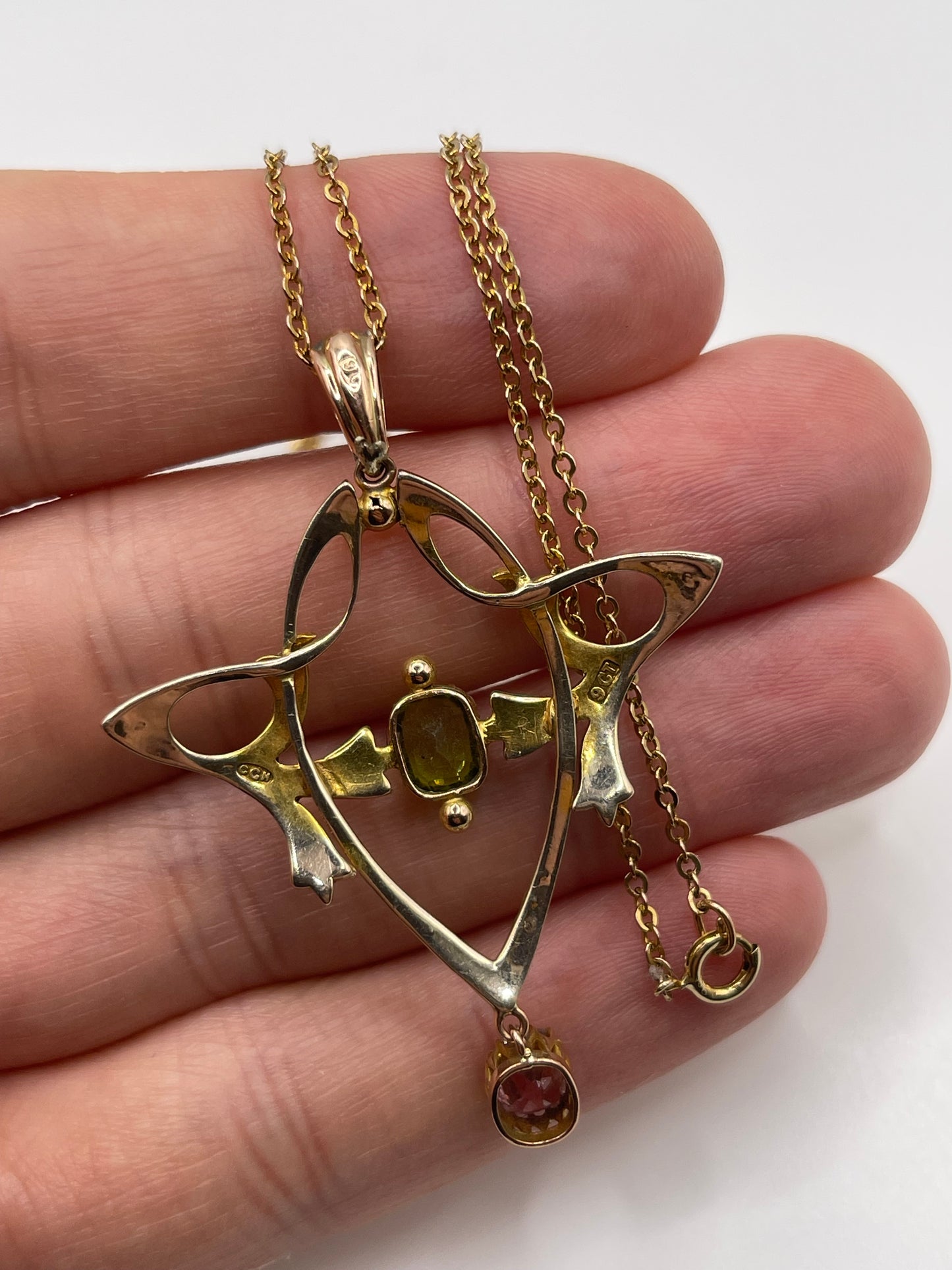 Antique 9ct gold topaz, peridot and pearl necklace