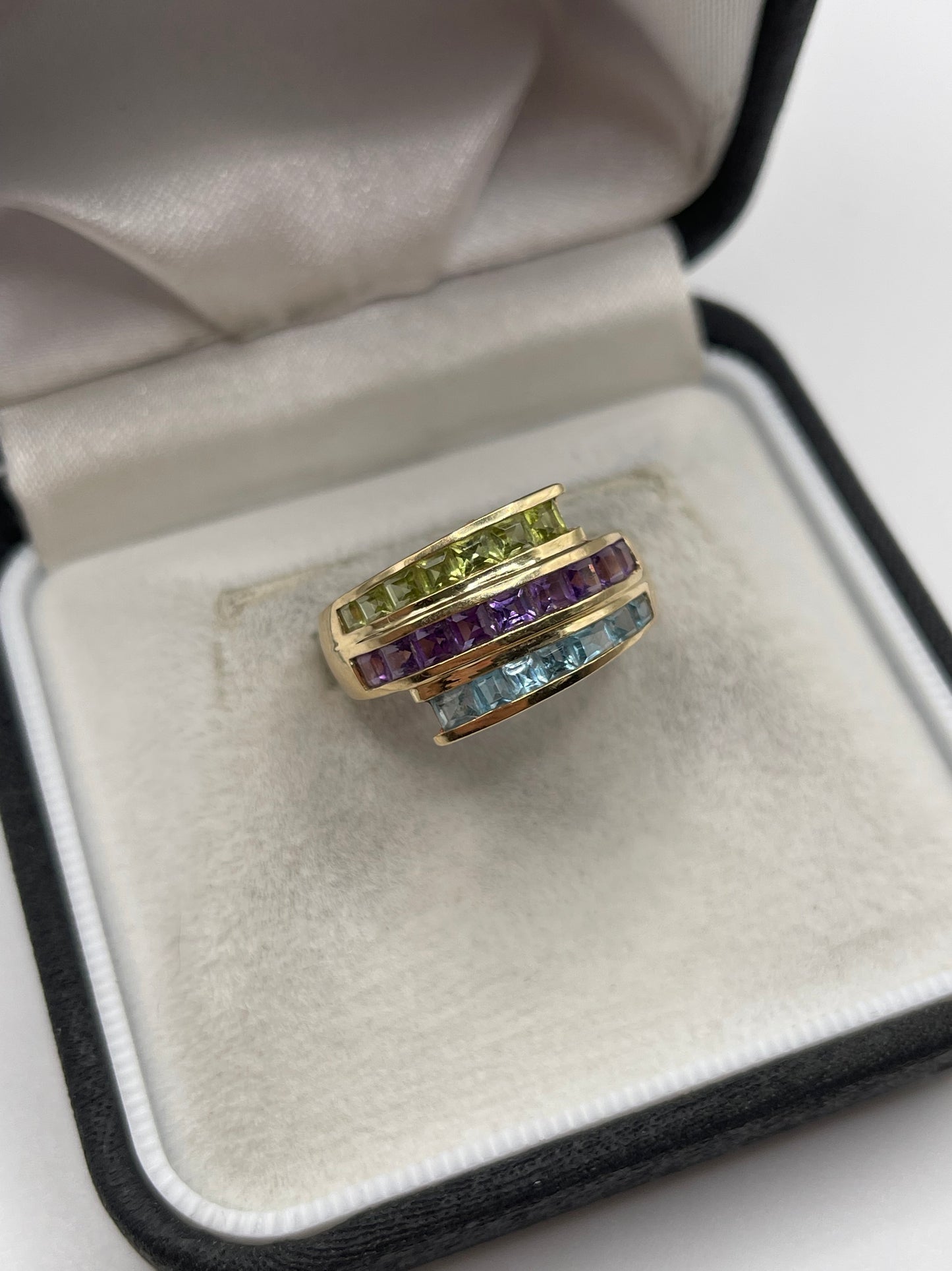 14ct gold peridot, amethyst and topaz ring