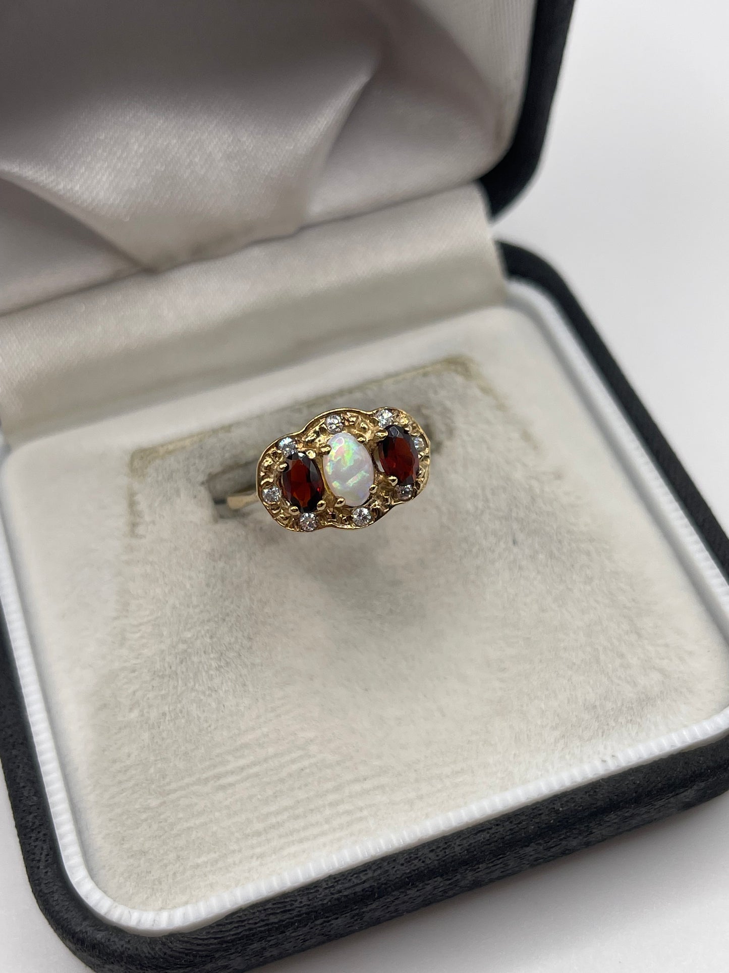 9ct gold opal, garnet and zircon ring